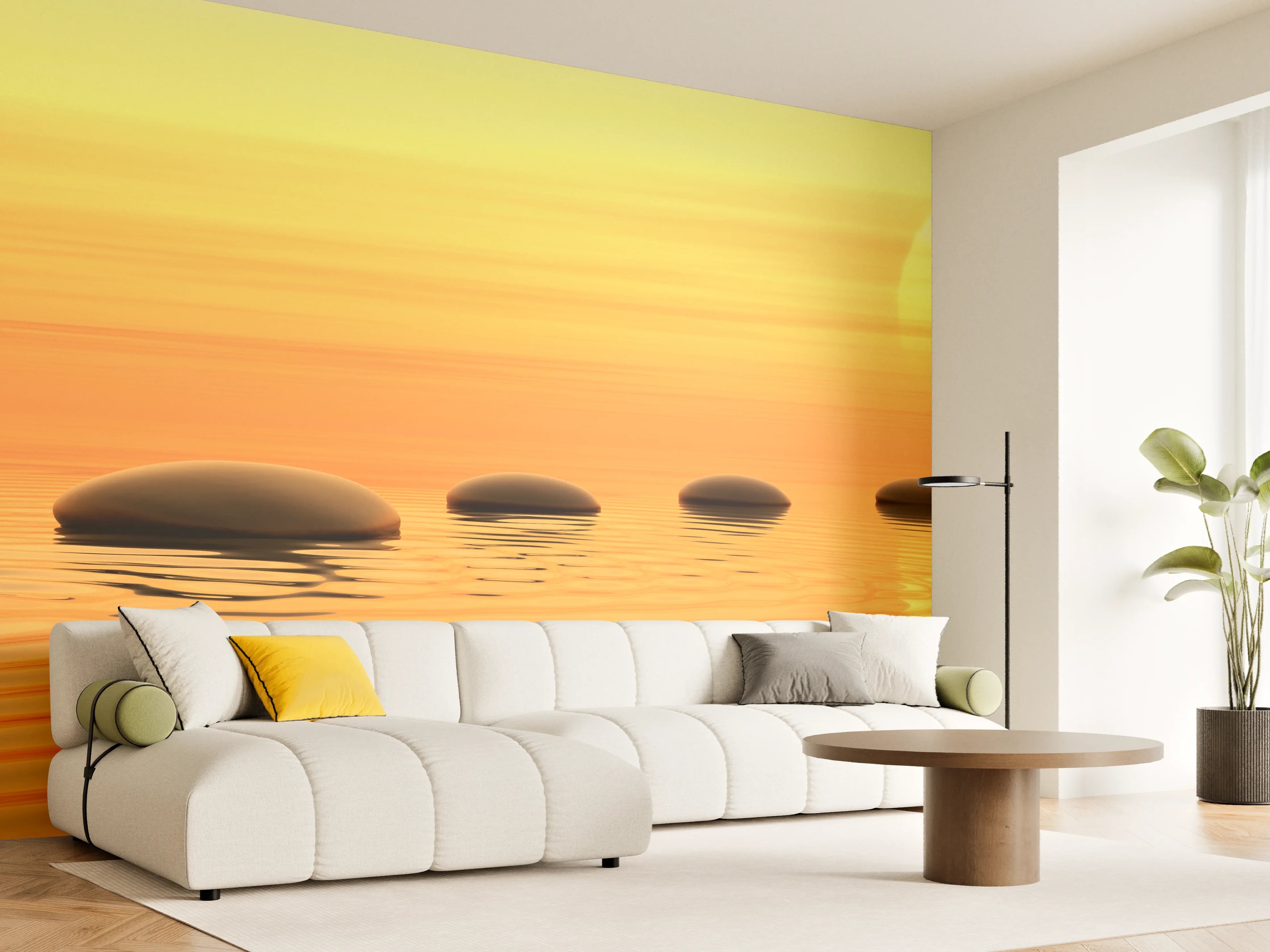 Wandverkleidung Wohnzimmer - Beruhigender Sonnenuntergang mit Steinen am Wasser