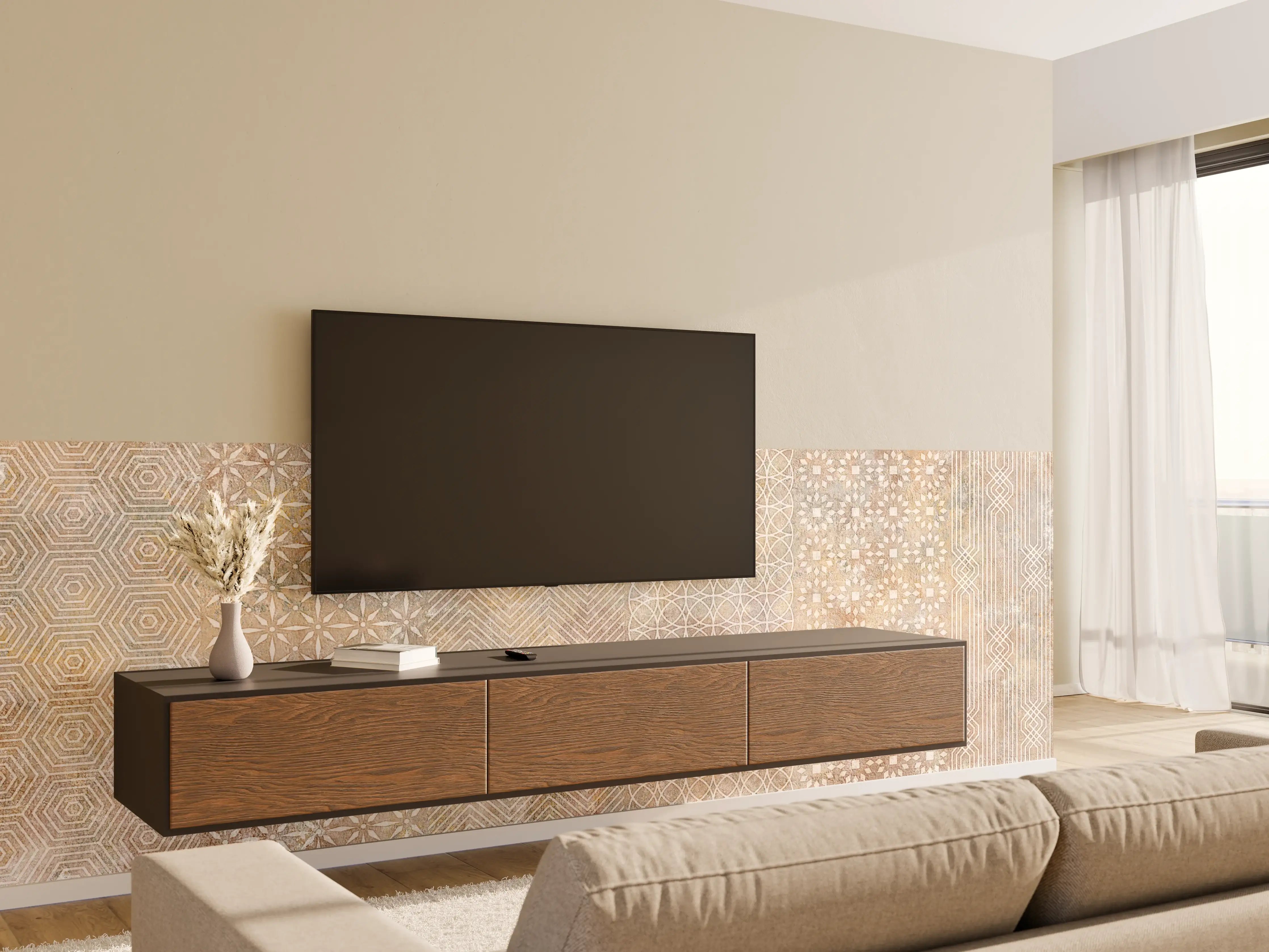 Wandverkleidung Wohnzimmer - Betonstein Mosaikfliesen Zement