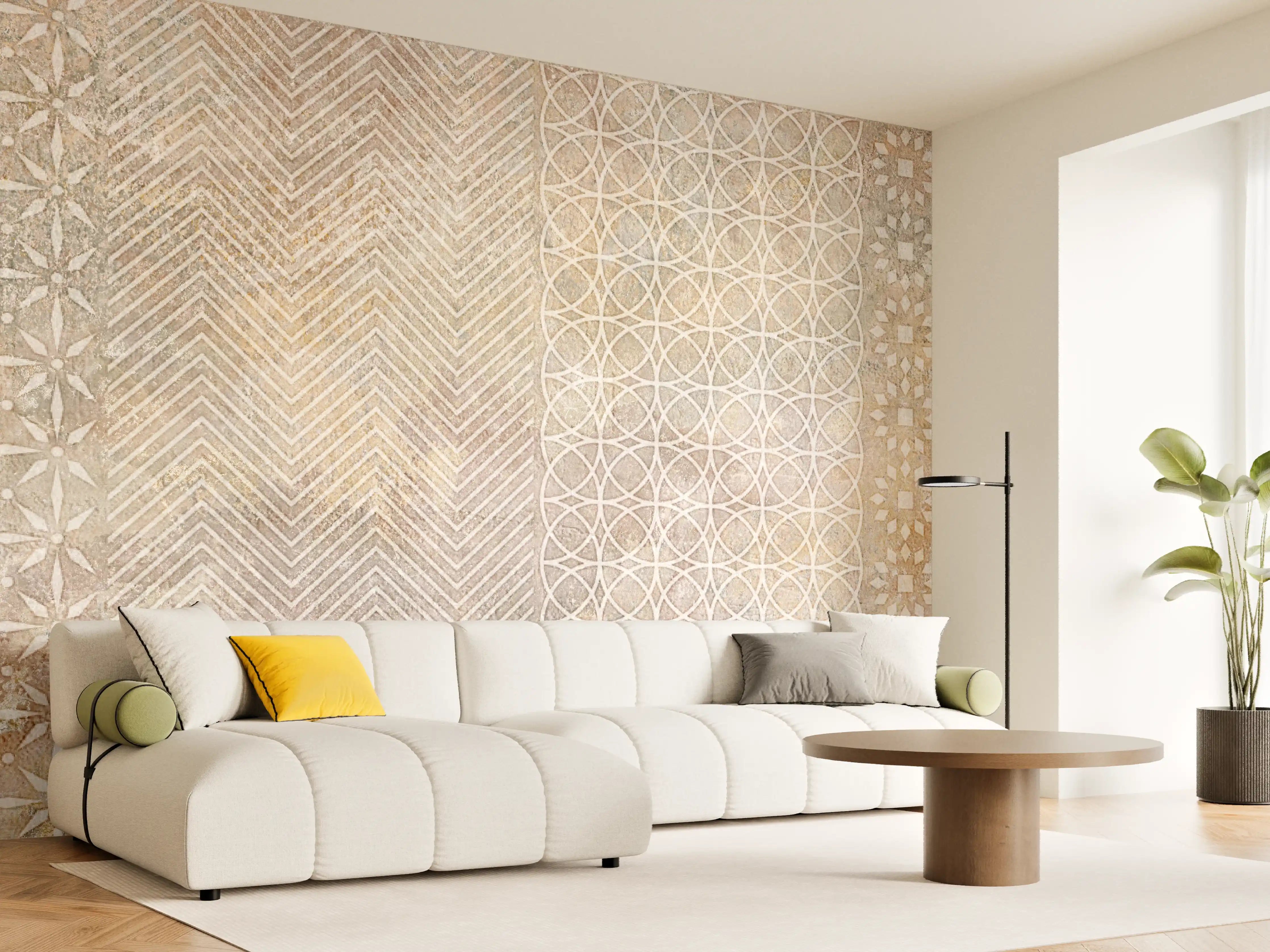 Wandverkleidung Wohnzimmer - Betonstein Mosaikfliesen Zement