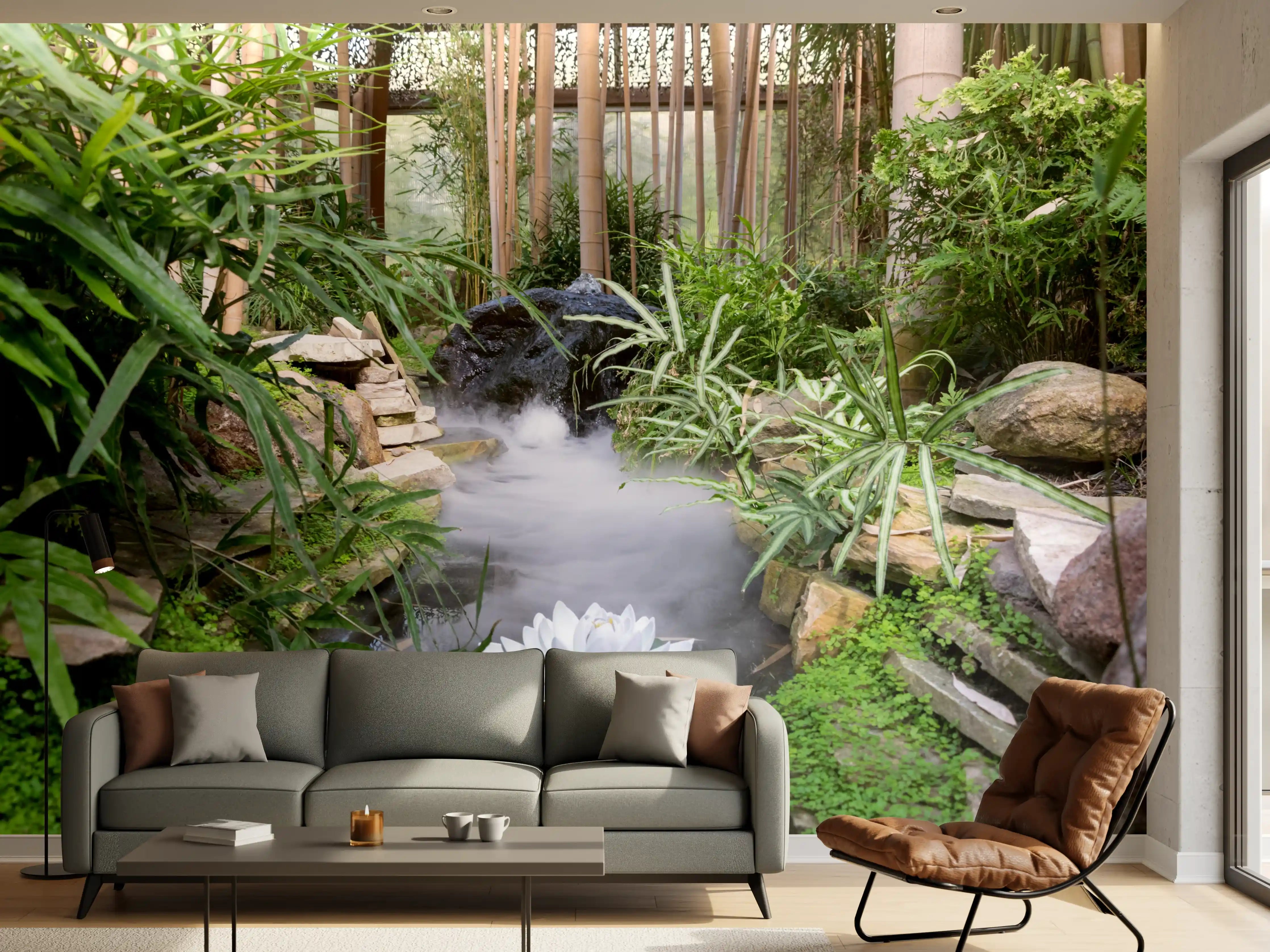Wandverkleidung Wohnzimmer - Bezaubernder Garten mit Wasserfall und Lotusblume