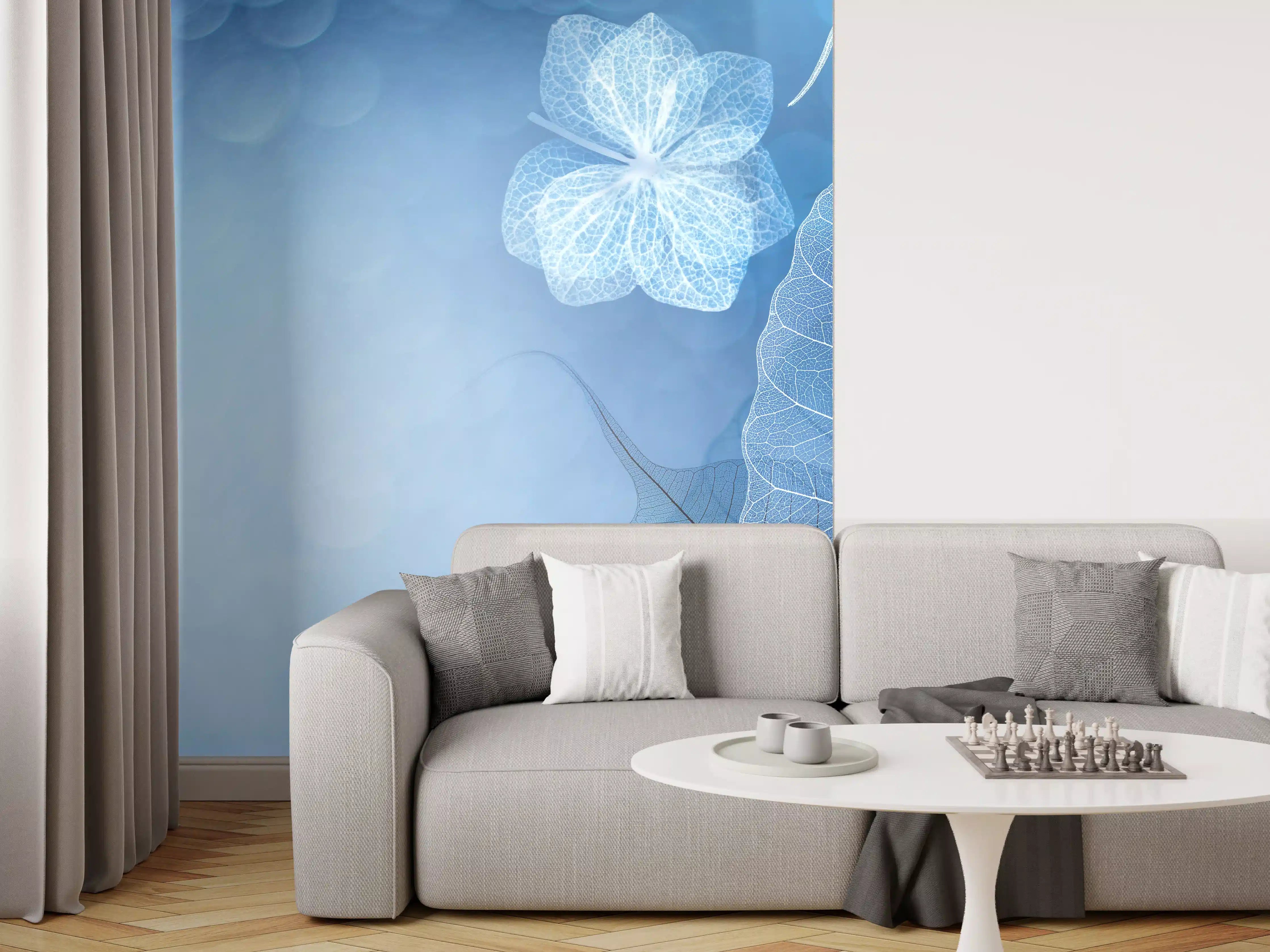 Wandverkleidung Wohnzimmer - Blätter und Blumen in Blau