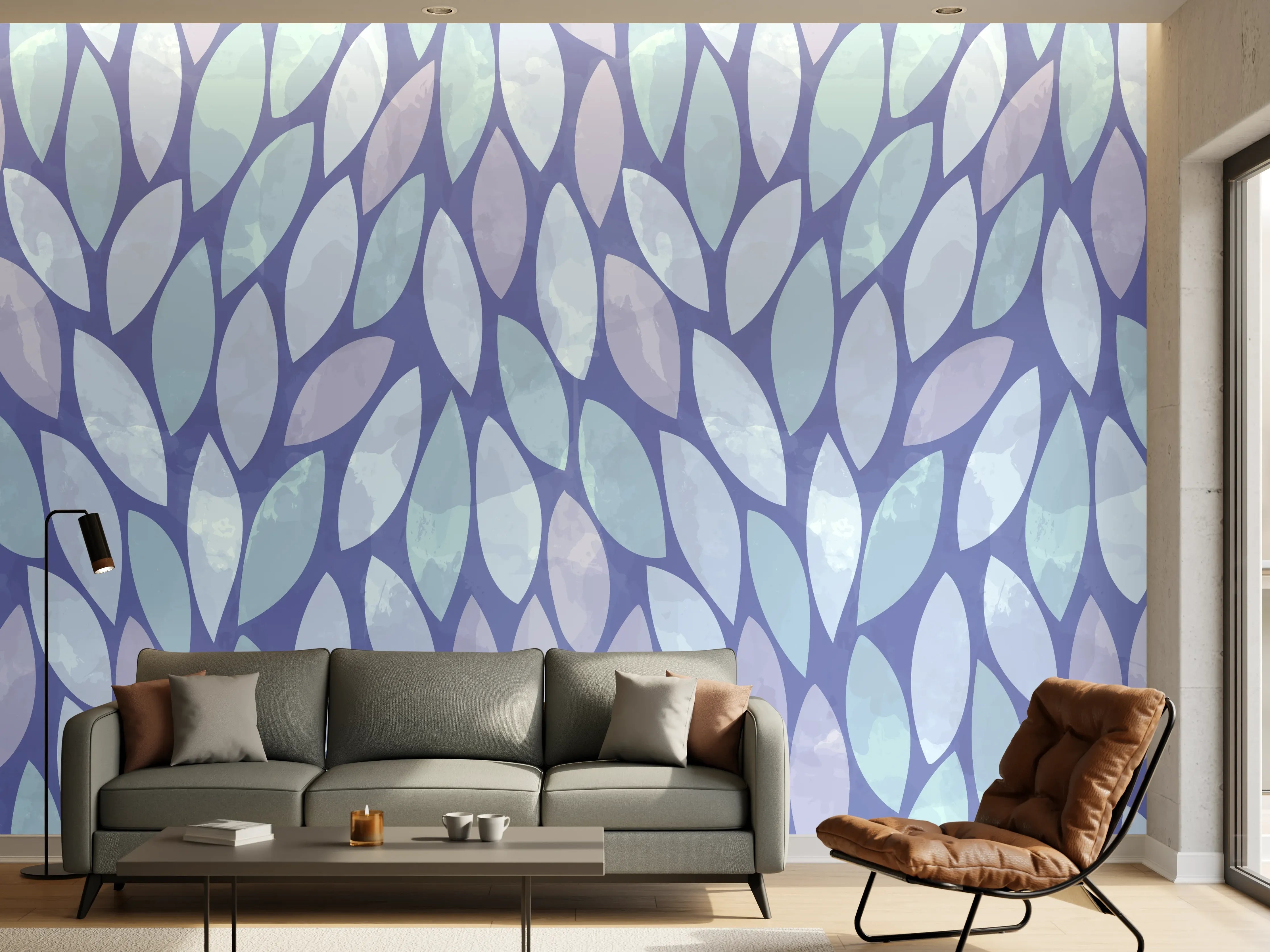 Wandverkleidung Wohnzimmer - Blättermuster in Blau mit Grautönen