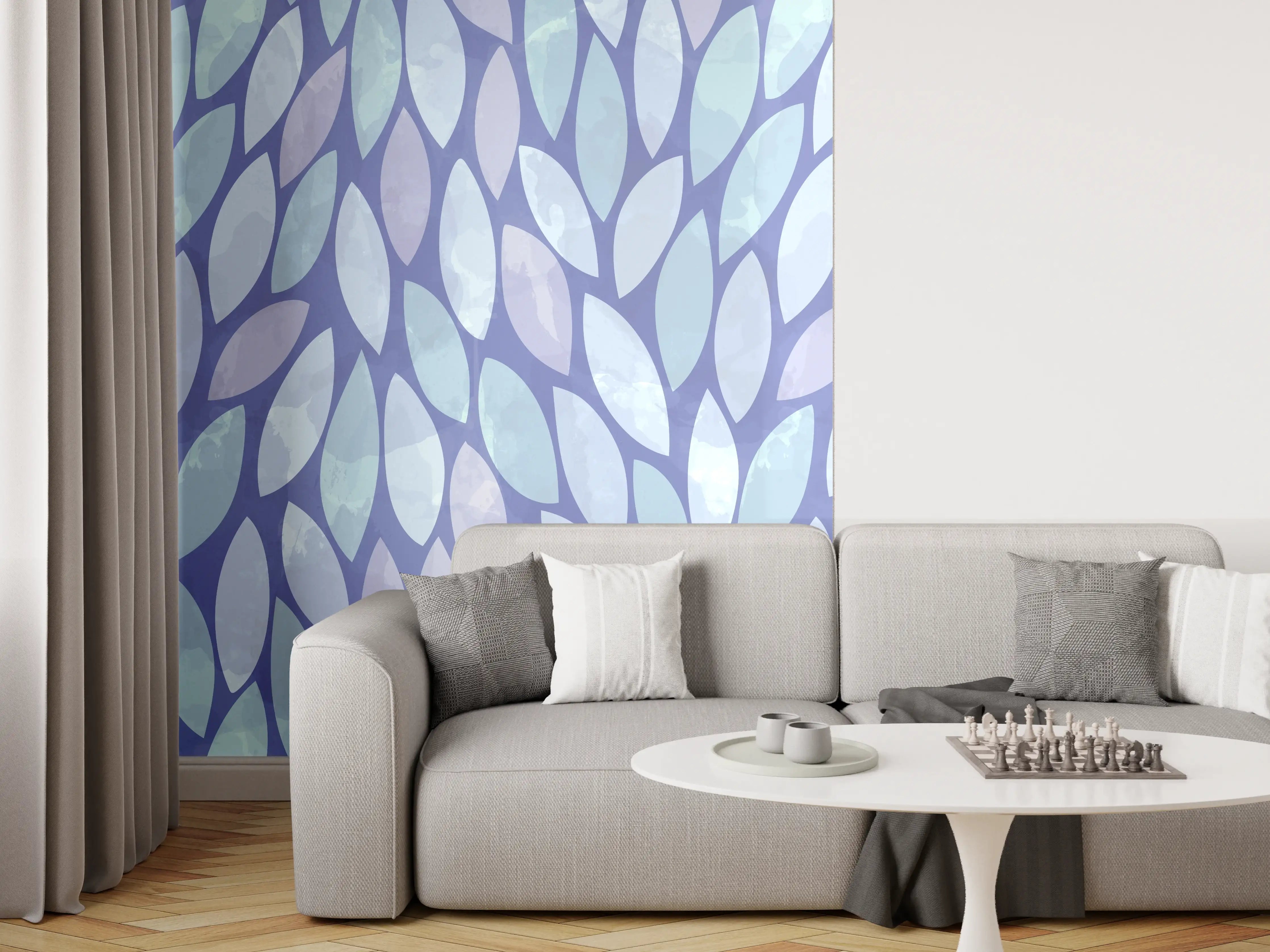 Wandverkleidung Wohnzimmer - Blättermuster in Blau mit Grautönen