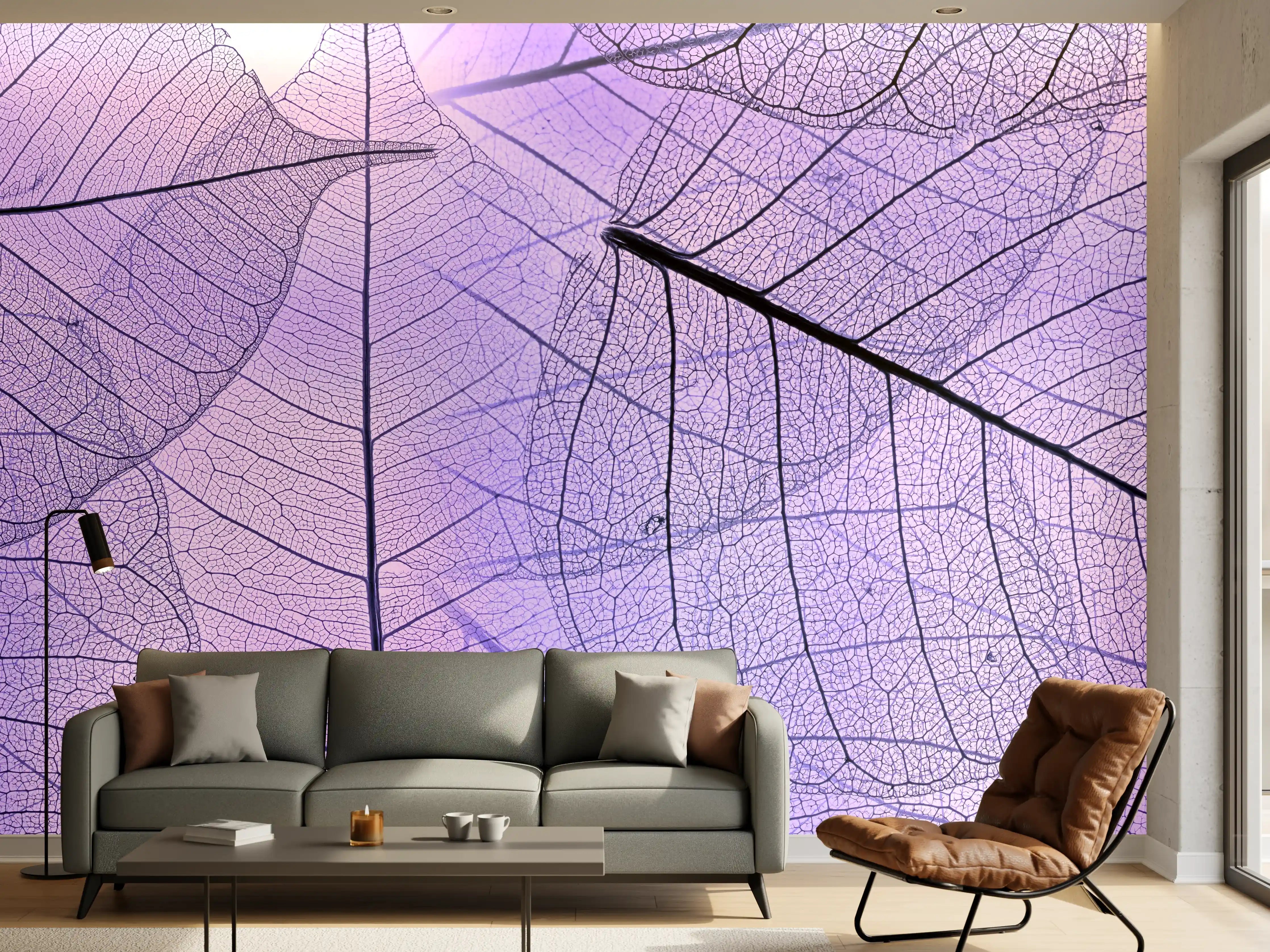 Wandverkleidung Wohnzimmer - Bläuliche Blätterstruktur mit feinen Linien