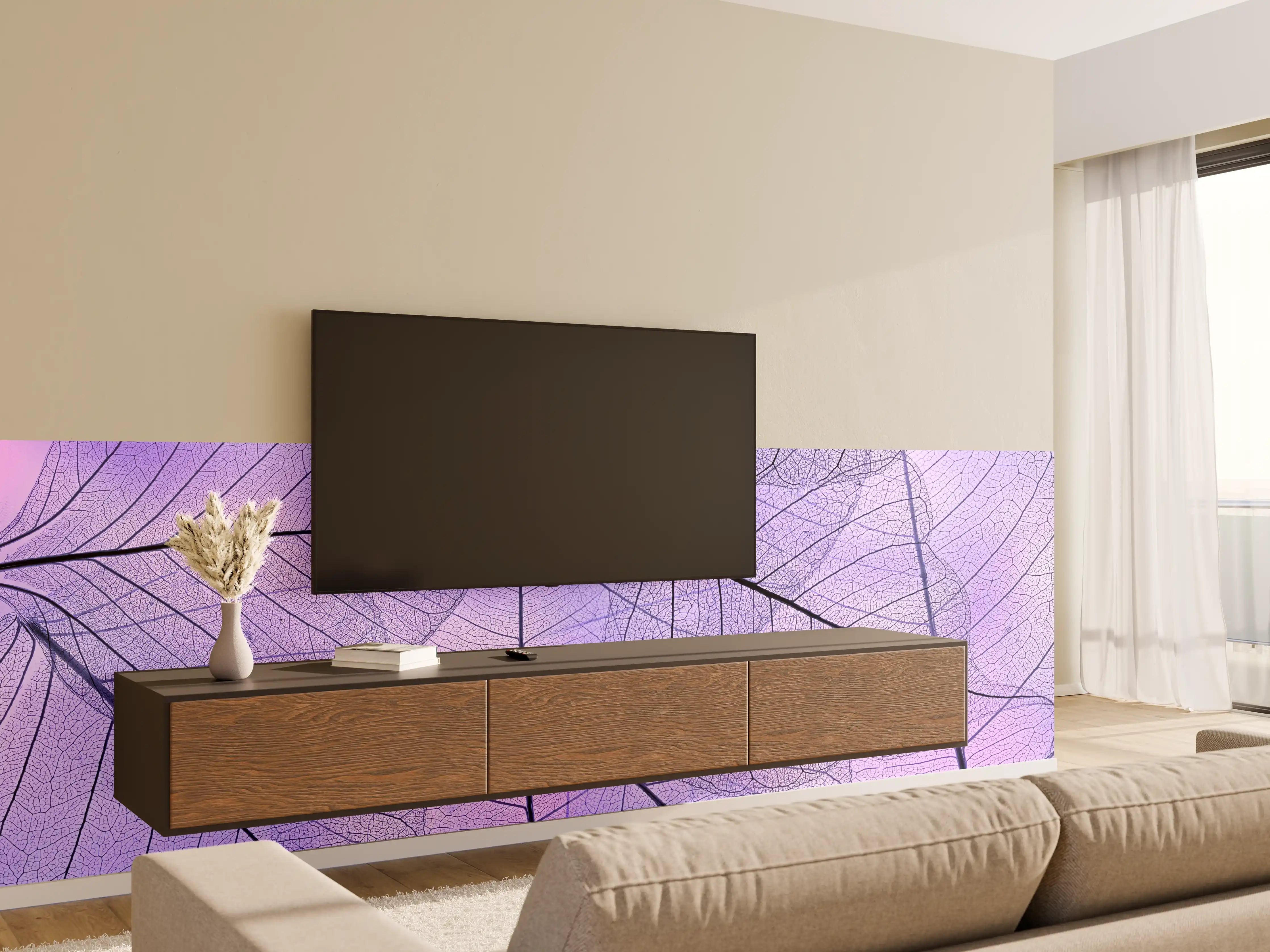 Wandverkleidung Wohnzimmer - Bläuliche Blätterstruktur mit feinen Linien