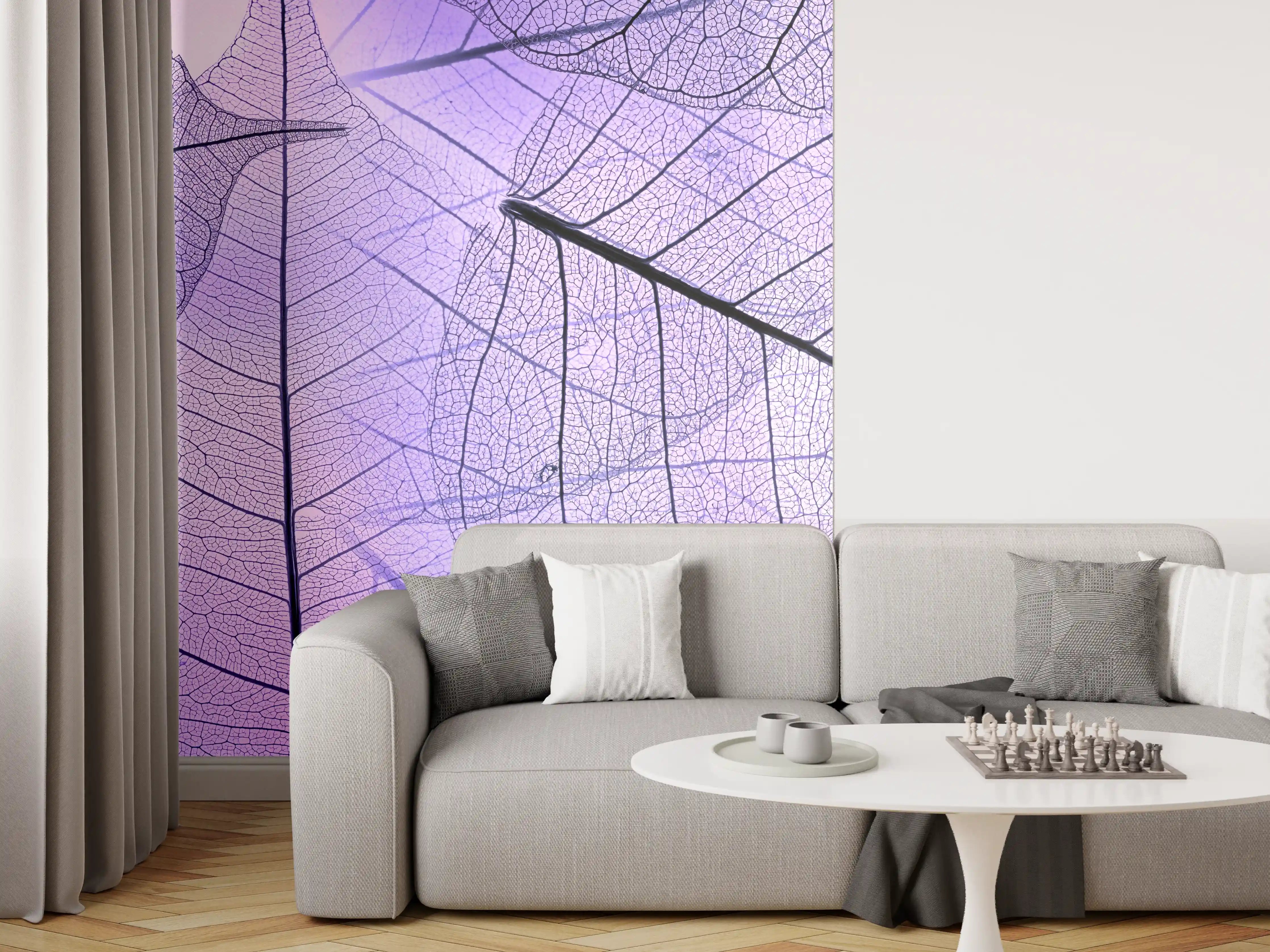 Wandverkleidung Wohnzimmer - Bläuliche Blätterstruktur mit feinen Linien