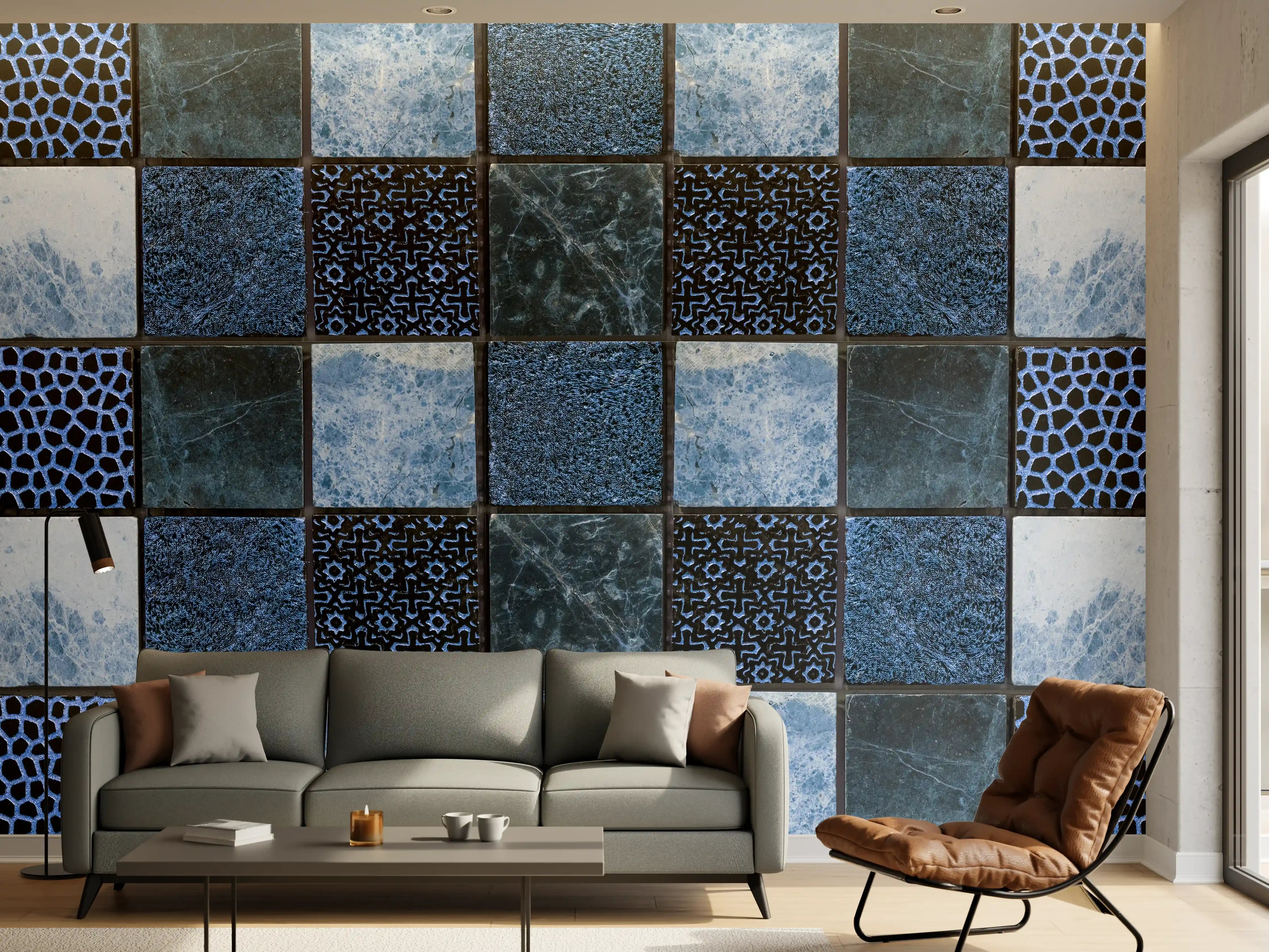 Wandverkleidung Wohnzimmer - Bläuliche quadratische Mosaiktextur