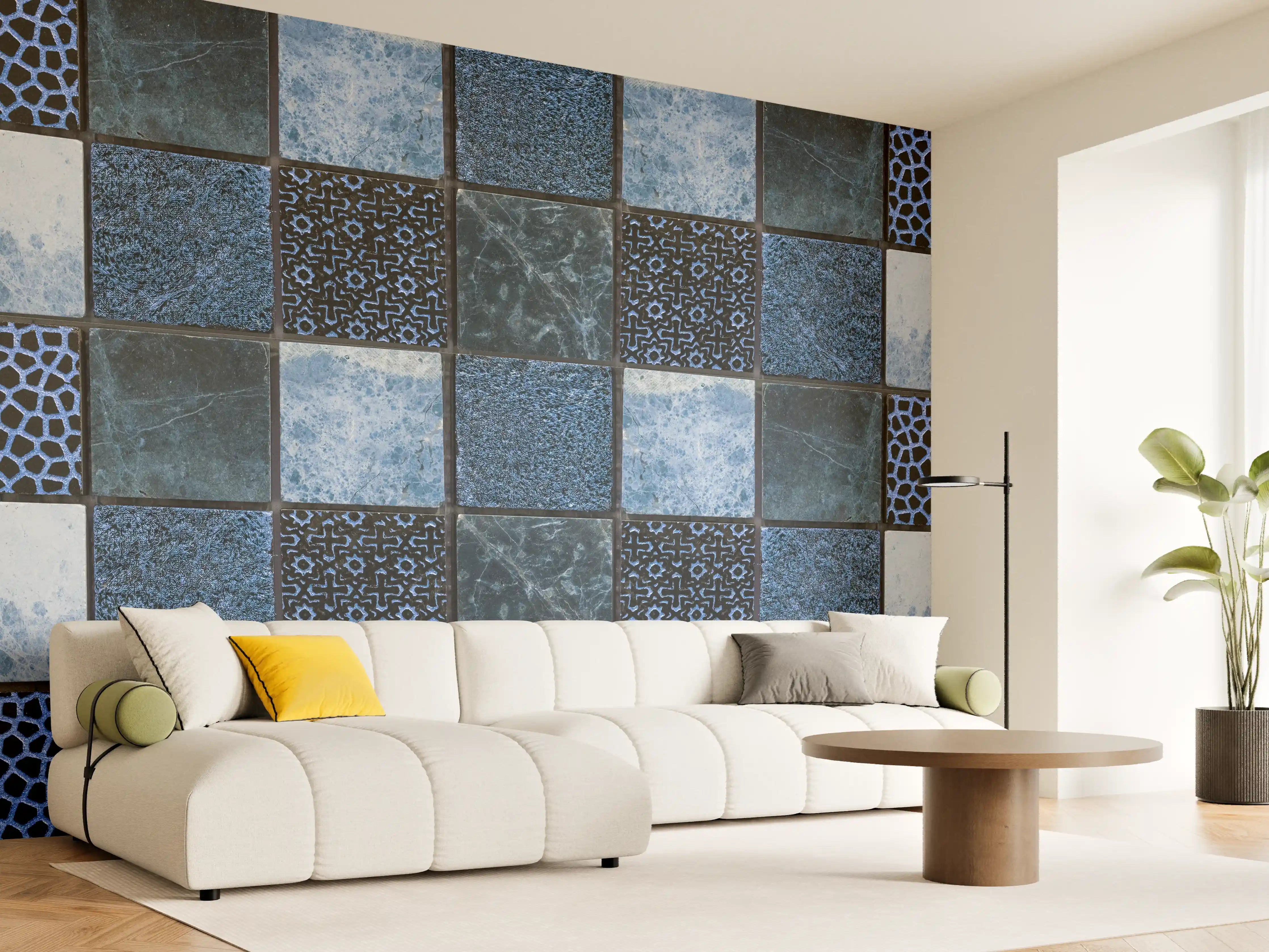 Wandverkleidung Wohnzimmer - Bläuliche quadratische Mosaiktextur