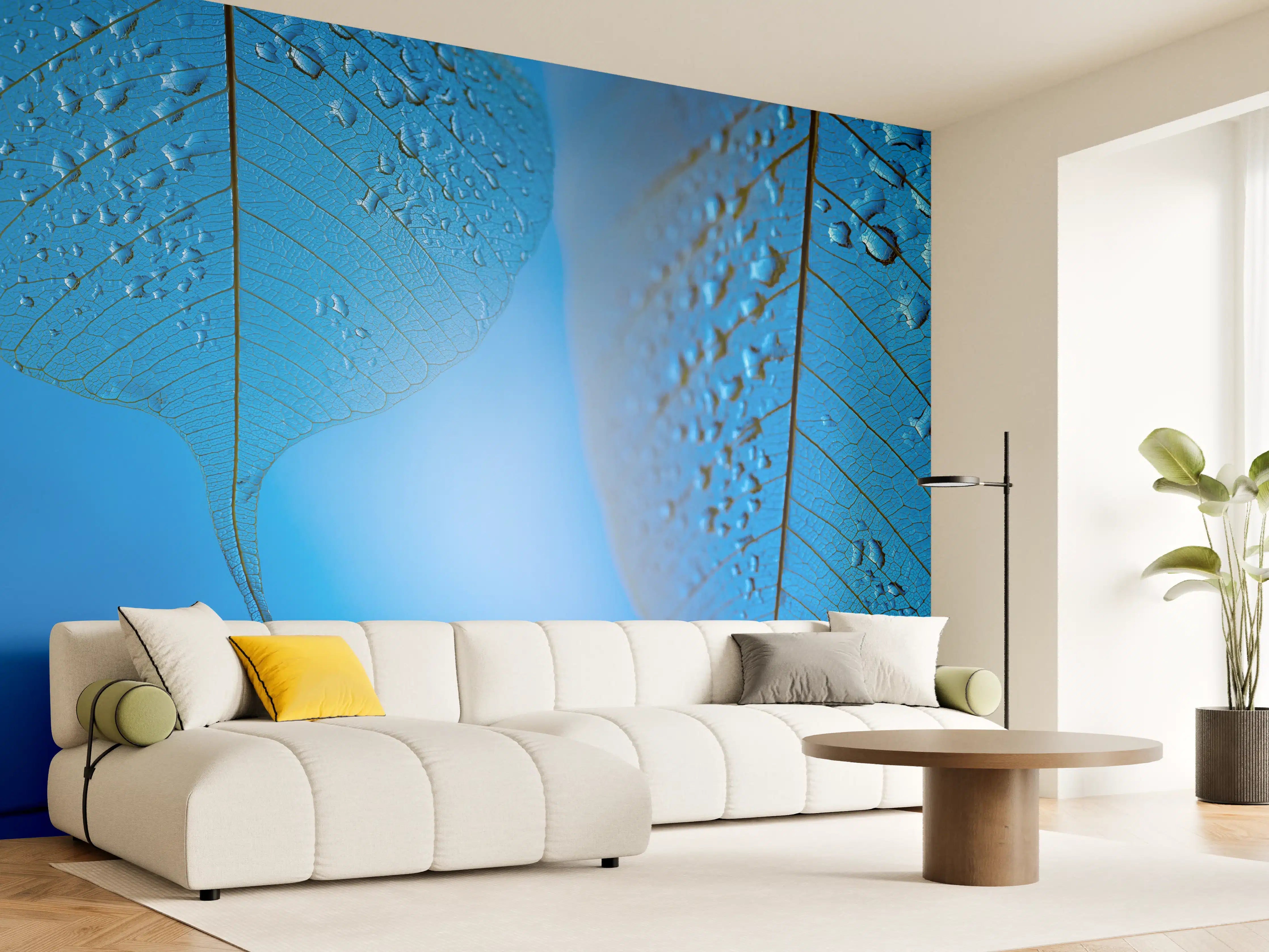 Wandverkleidung Wohnzimmer - Blatt mit Wassertropfen im blauen Licht