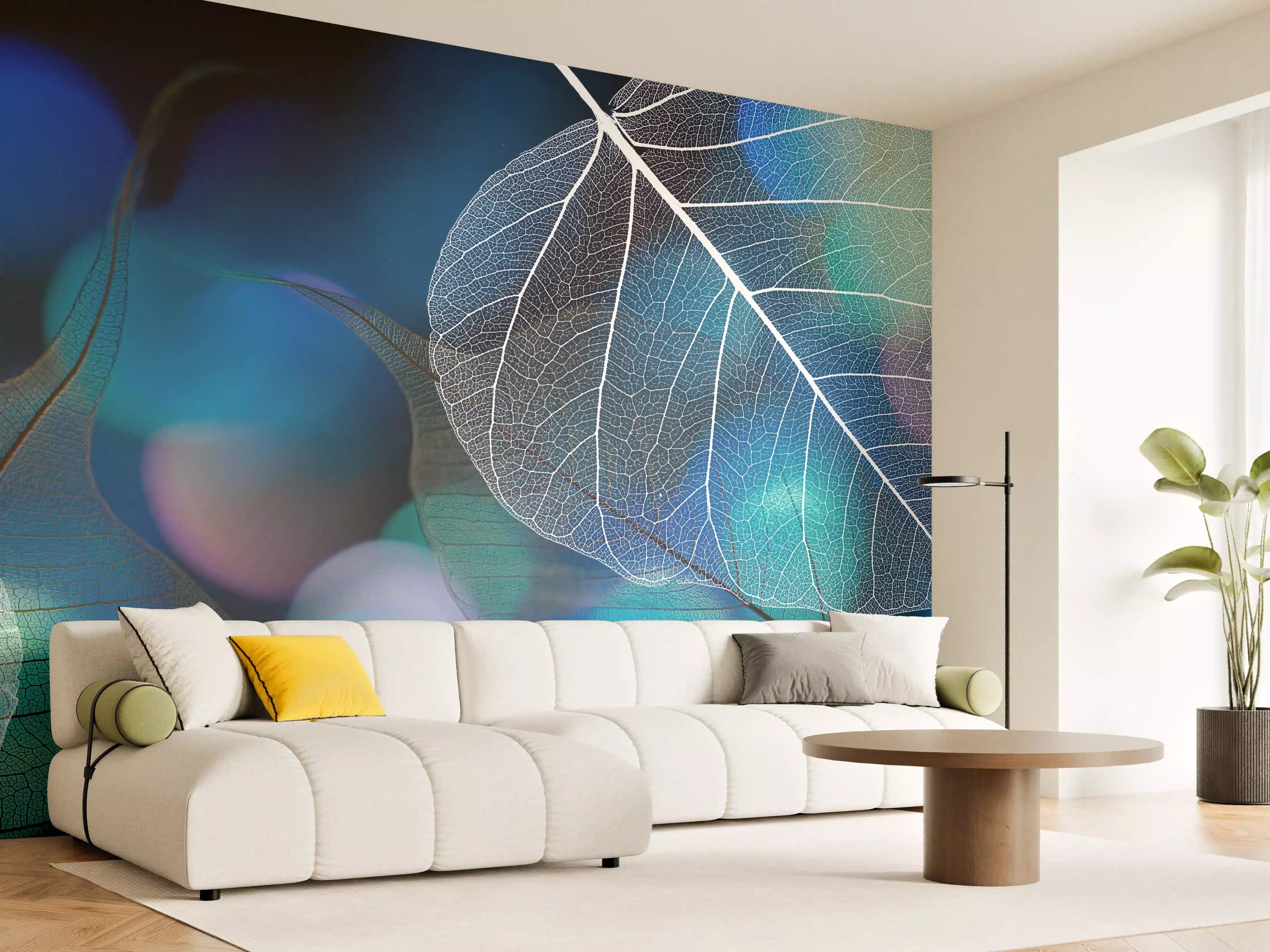 Wandverkleidung Wohnzimmer - Blattstruktur mit Lichtbokeh Effekt