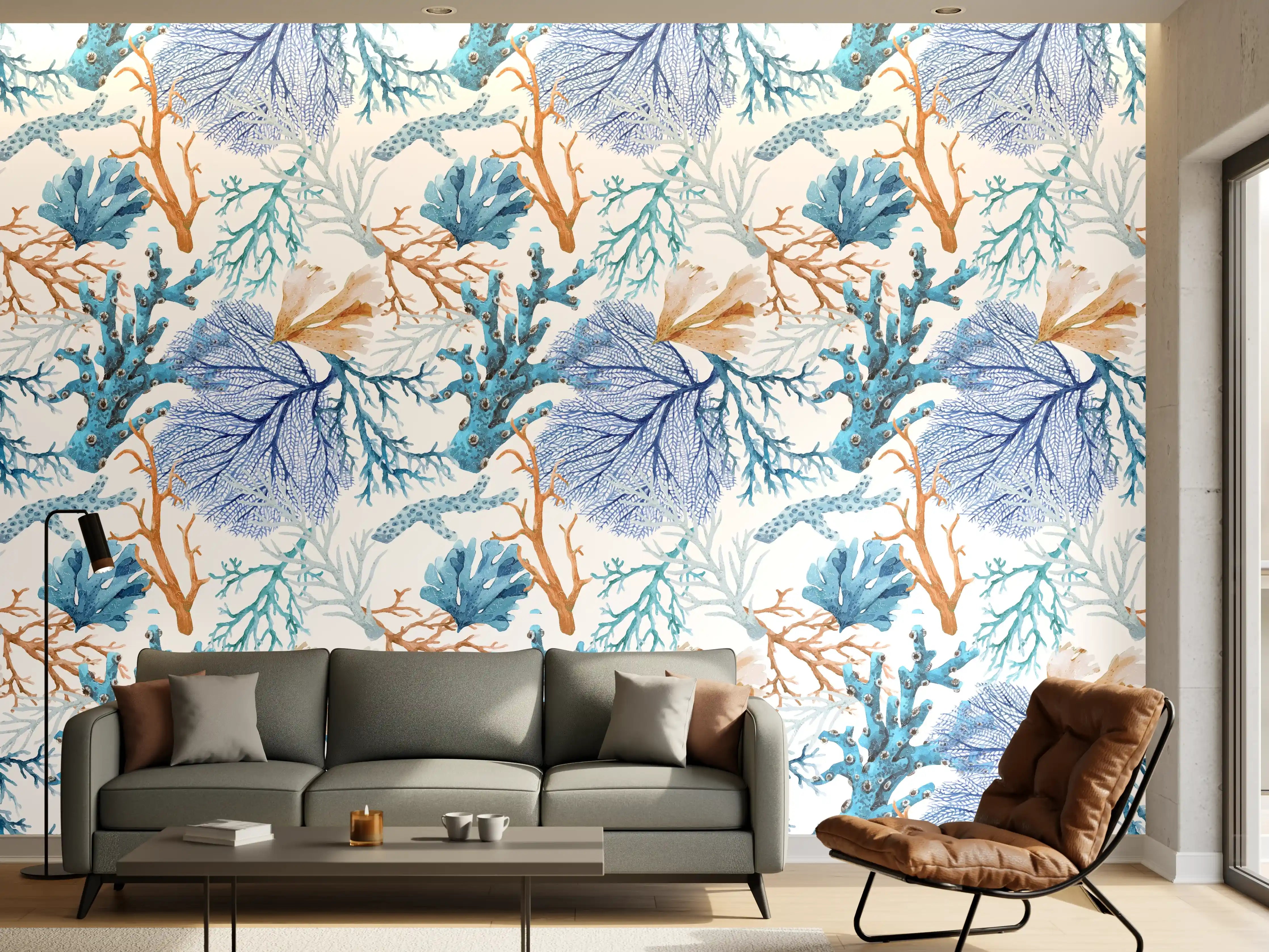 Wandverkleidung Wohnzimmer - Blau-Beige Korallenmuster