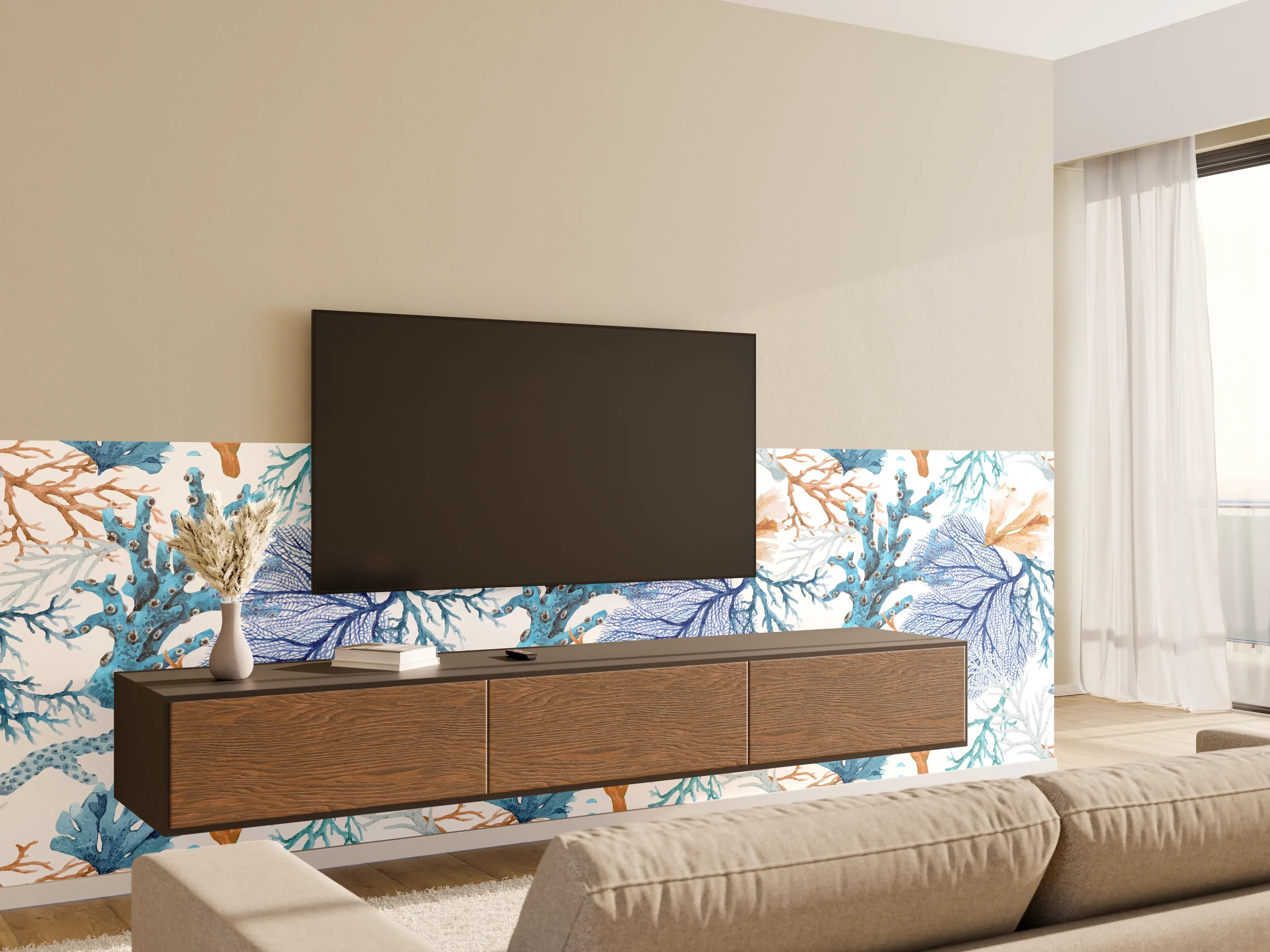 Wandverkleidung Wohnzimmer - Blau-Beige Korallenmuster