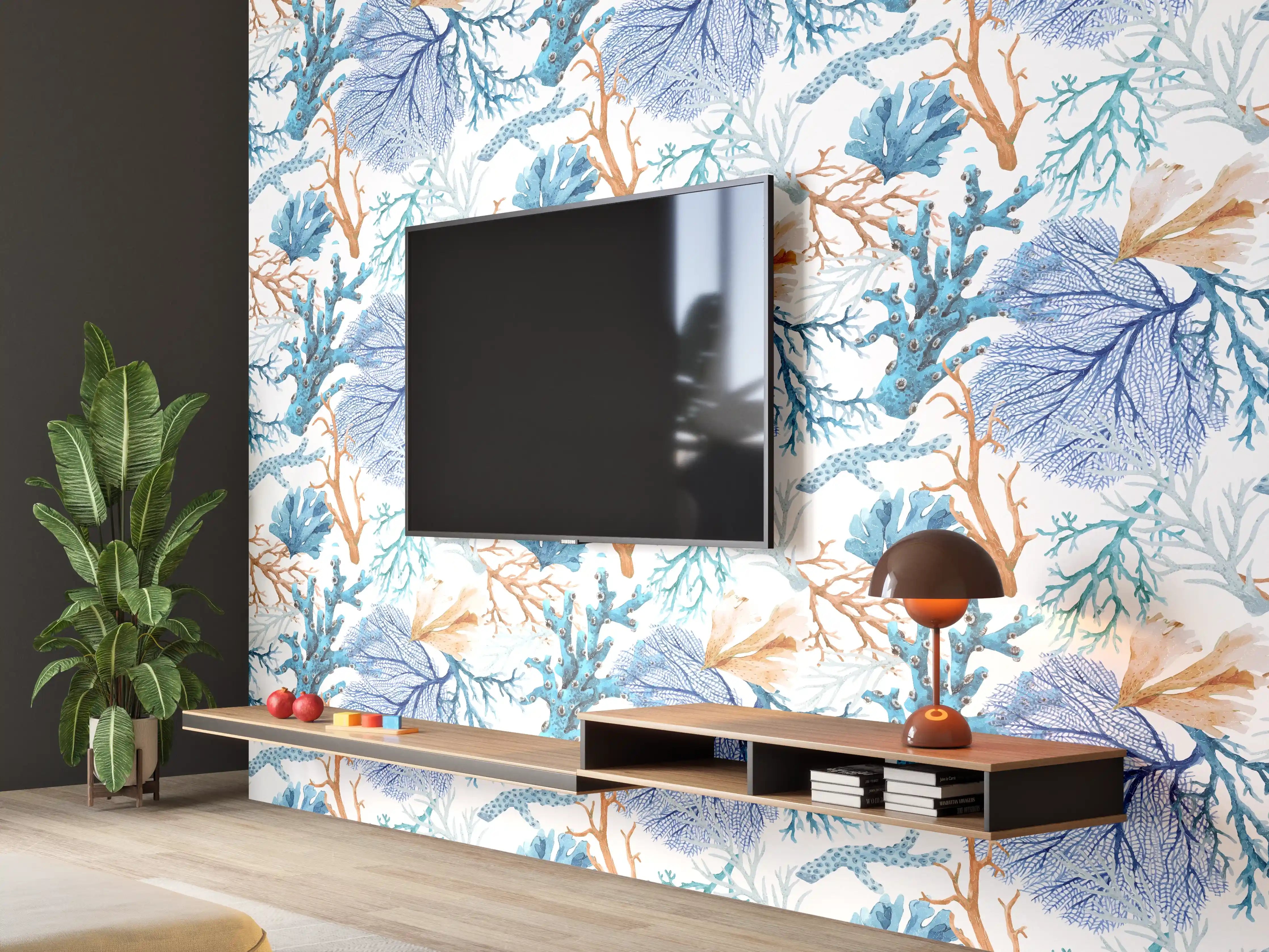 Wandverkleidung Wohnzimmer - Blau-Beige Korallenmuster