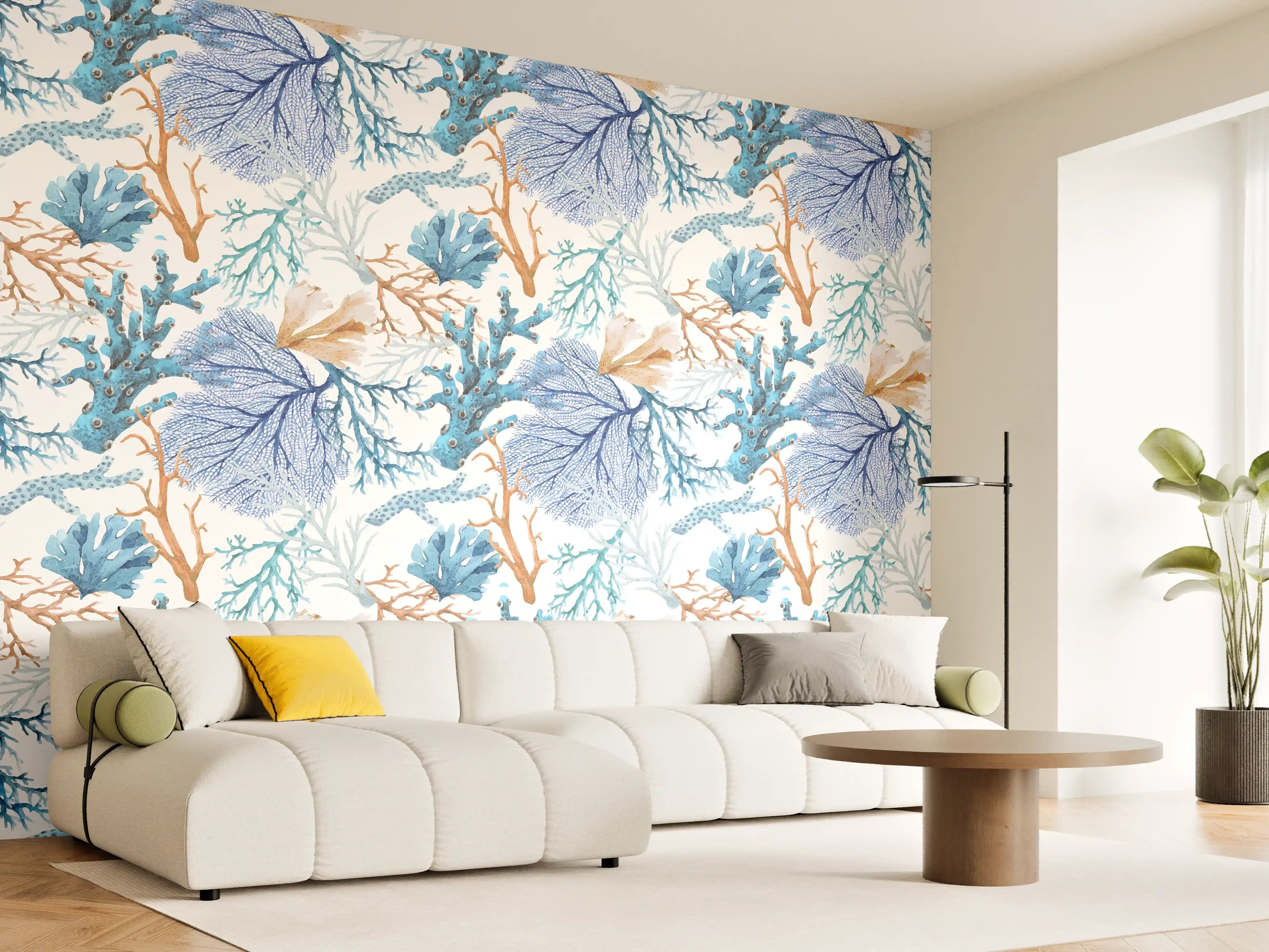 Wandverkleidung Wohnzimmer - Blau-Beige Korallenmuster