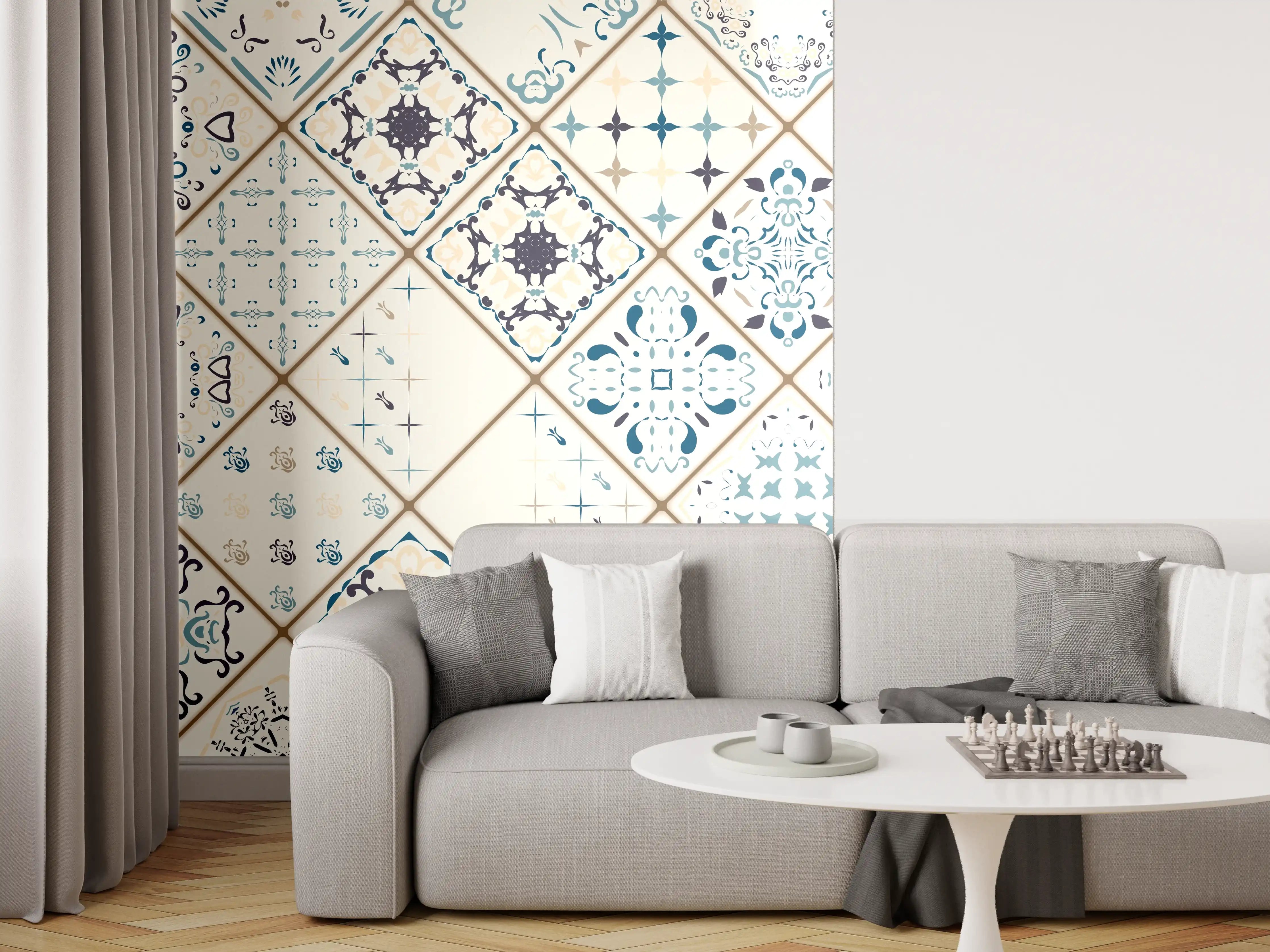 Wandverkleidung Wohnzimmer - Blau-Beige Retro Fliesendesign