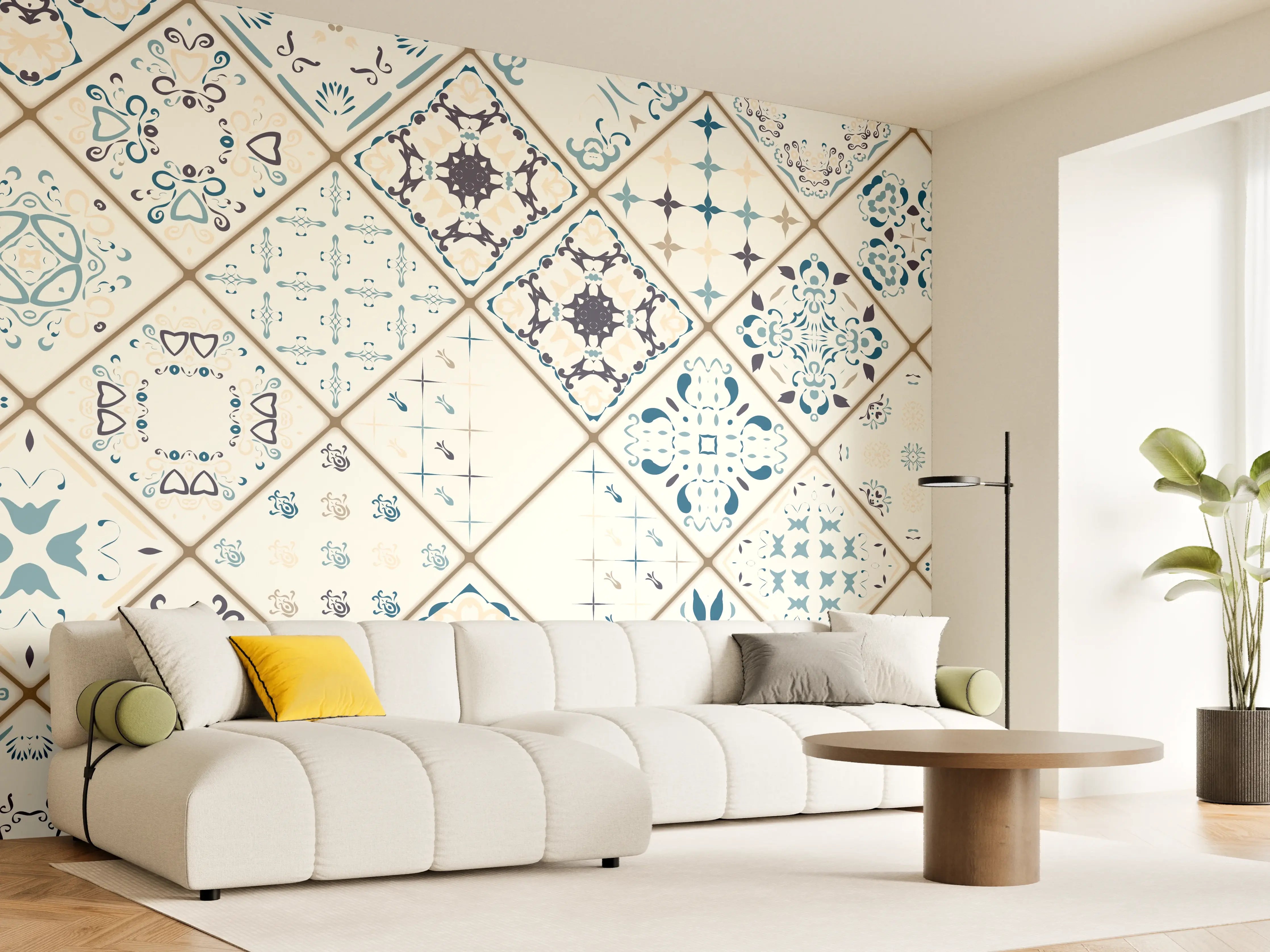 Wandverkleidung Wohnzimmer - Blau-Beige Retro Fliesendesign