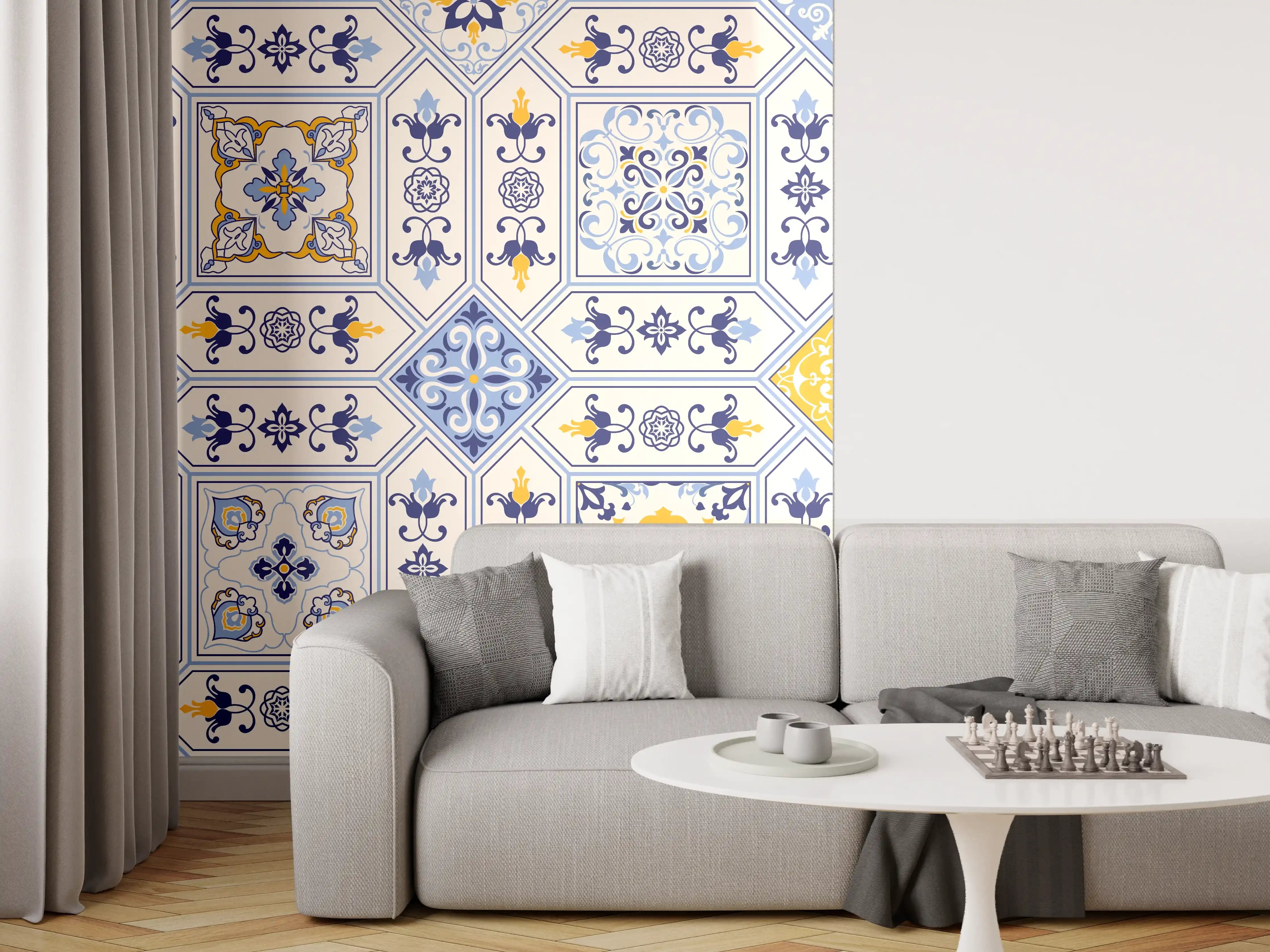 Wandverkleidung Wohnzimmer - Blau-Gelbe Fliesen Muster