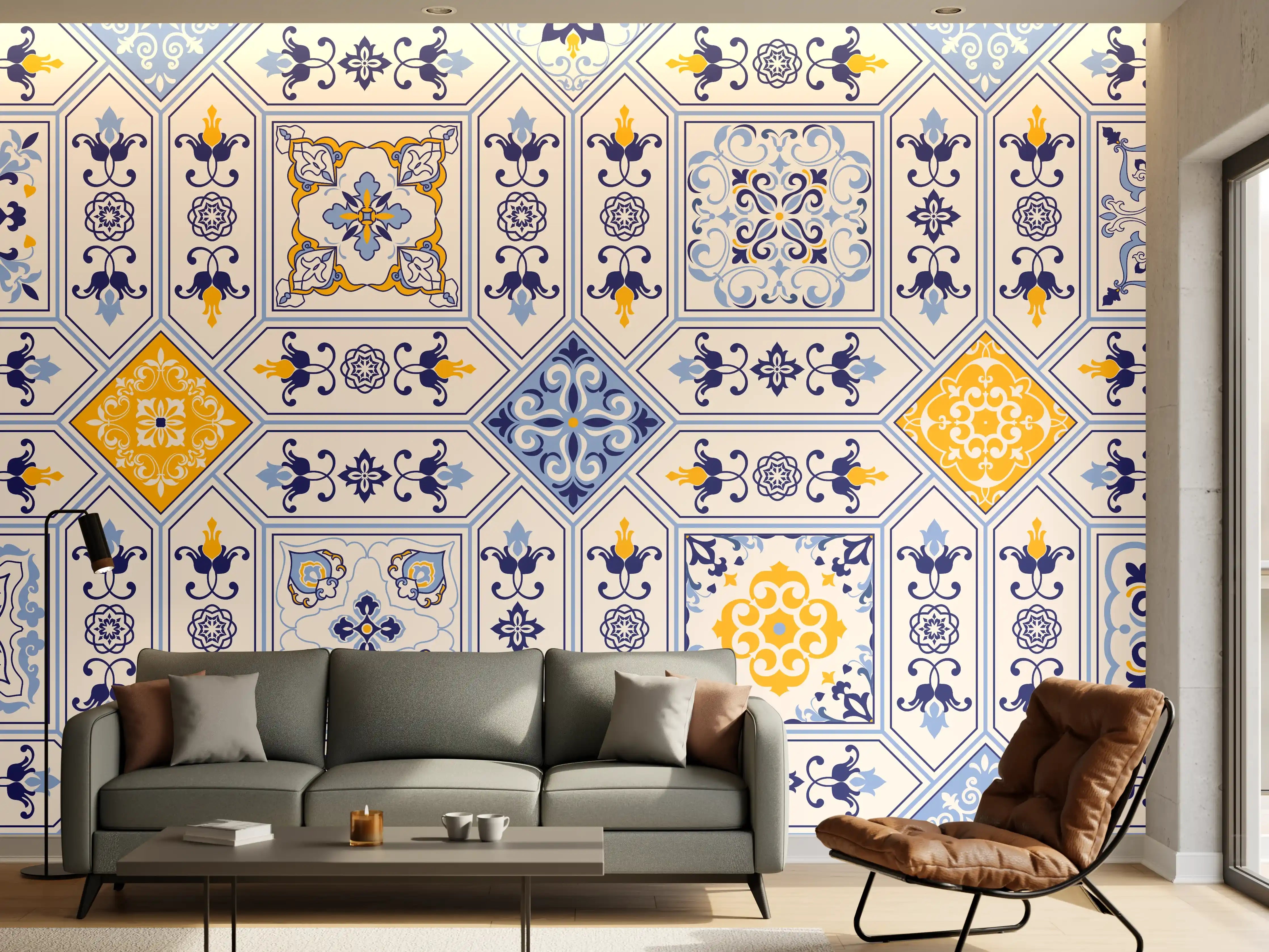 Wandverkleidung Wohnzimmer - Blau-Gelbe Fliesenmuster