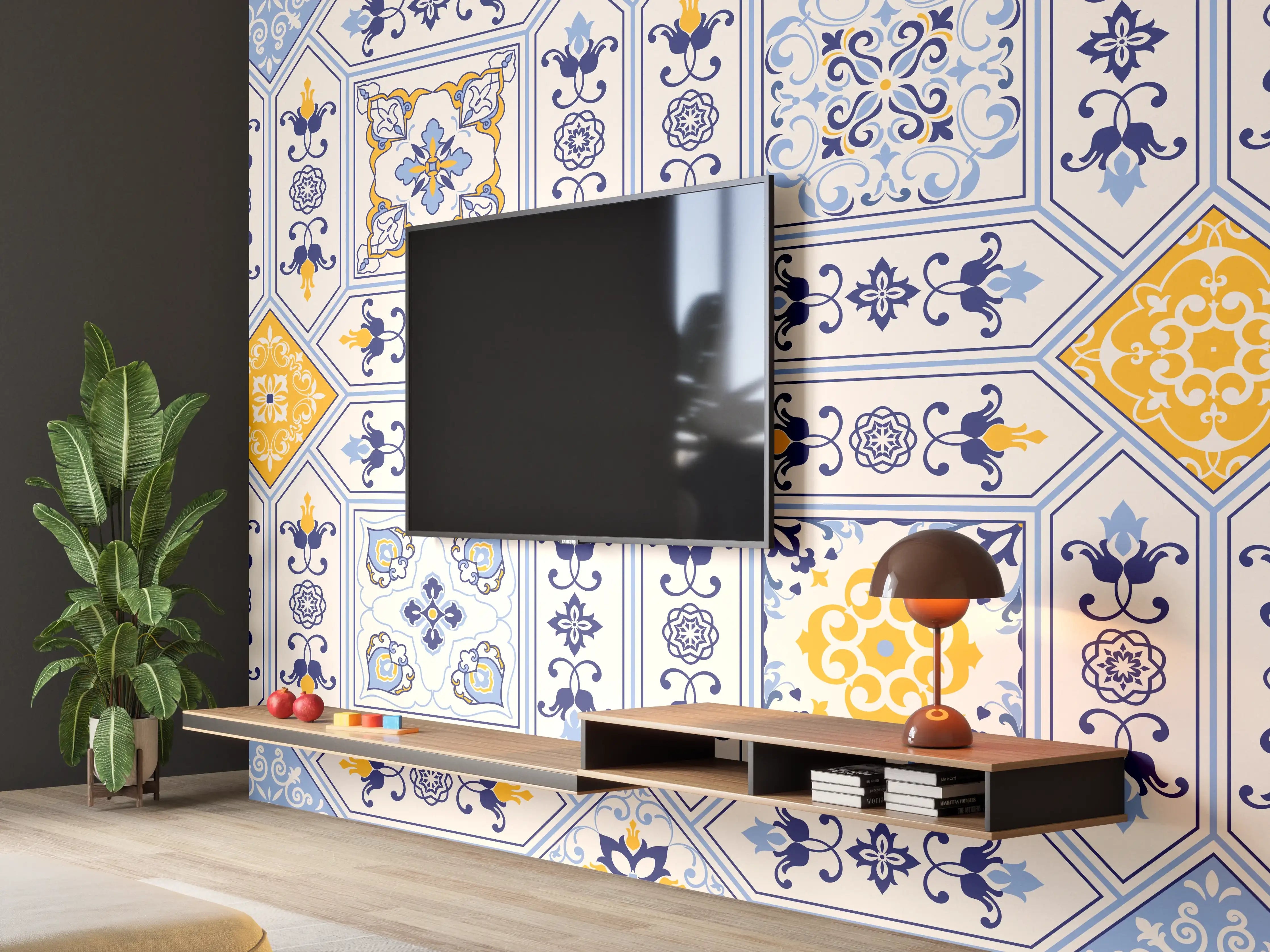 Wandverkleidung Wohnzimmer - Blau-Gelbe Fliesenmuster