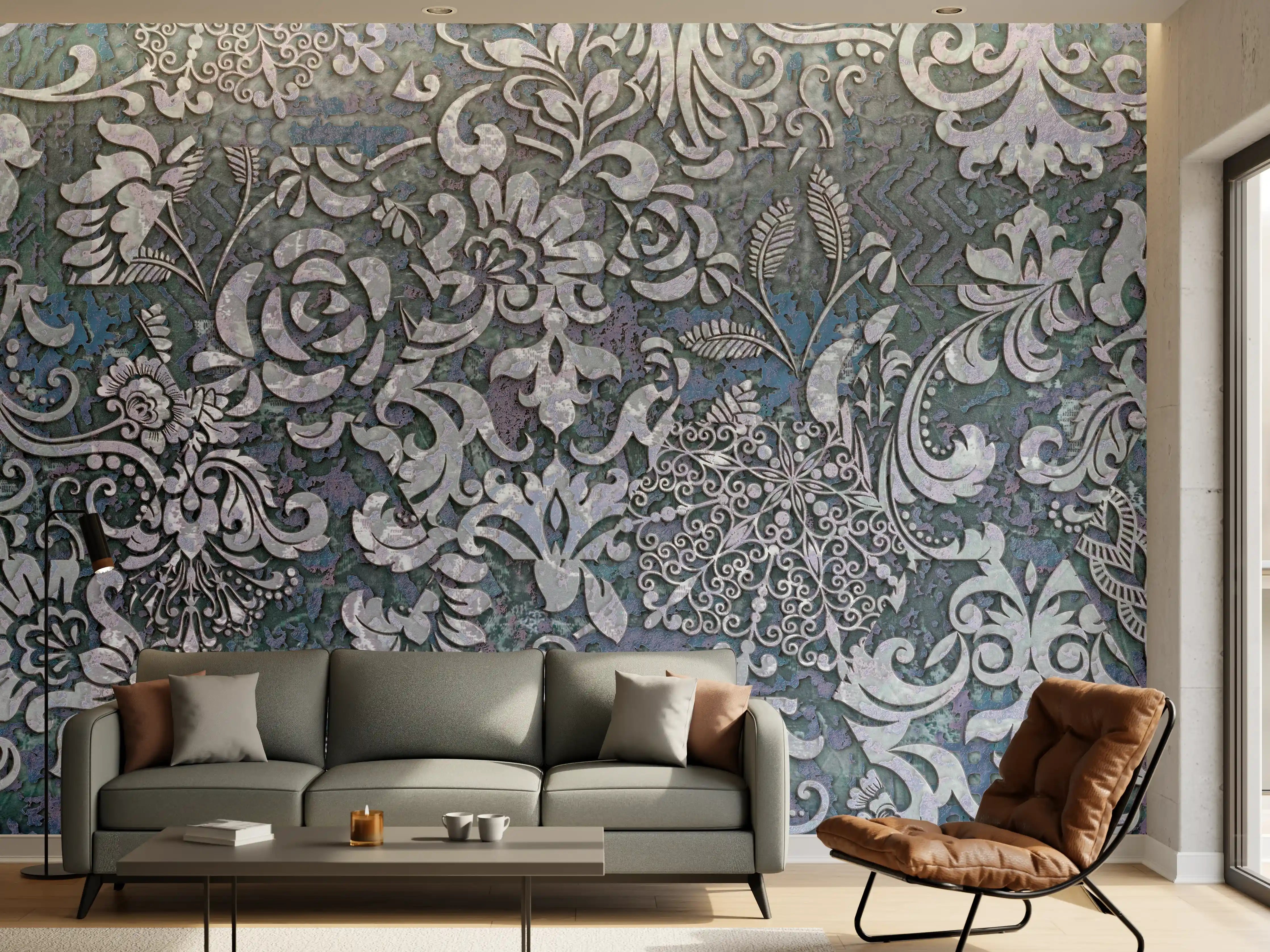 Wandverkleidung Wohnzimmer - Blau-Grau Vintage Kunst