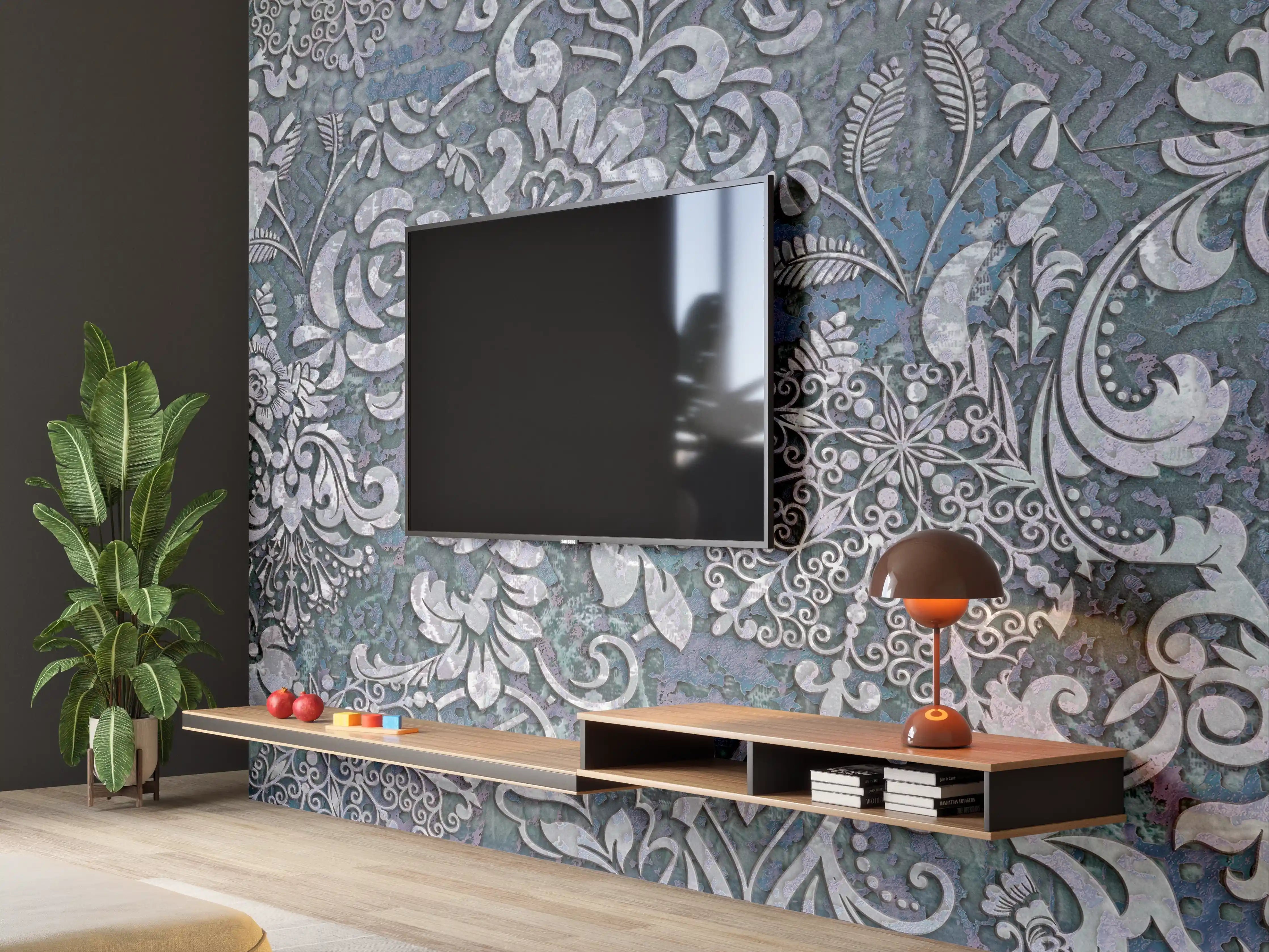 Wandverkleidung Wohnzimmer - Blau-Grau Vintage Kunst