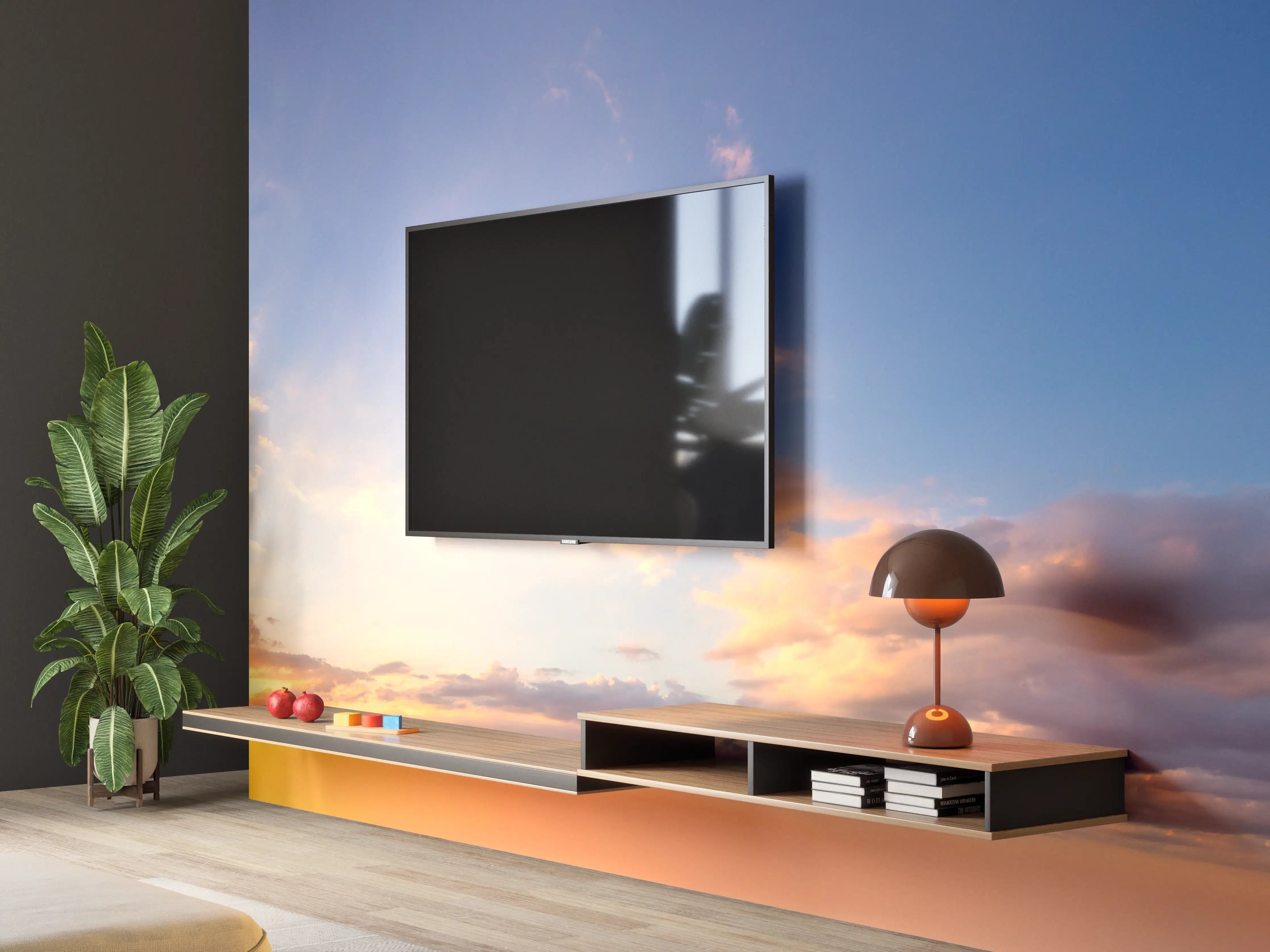 Wandverkleidung Wohnzimmer - Blau-Orange Sonnenuntergang