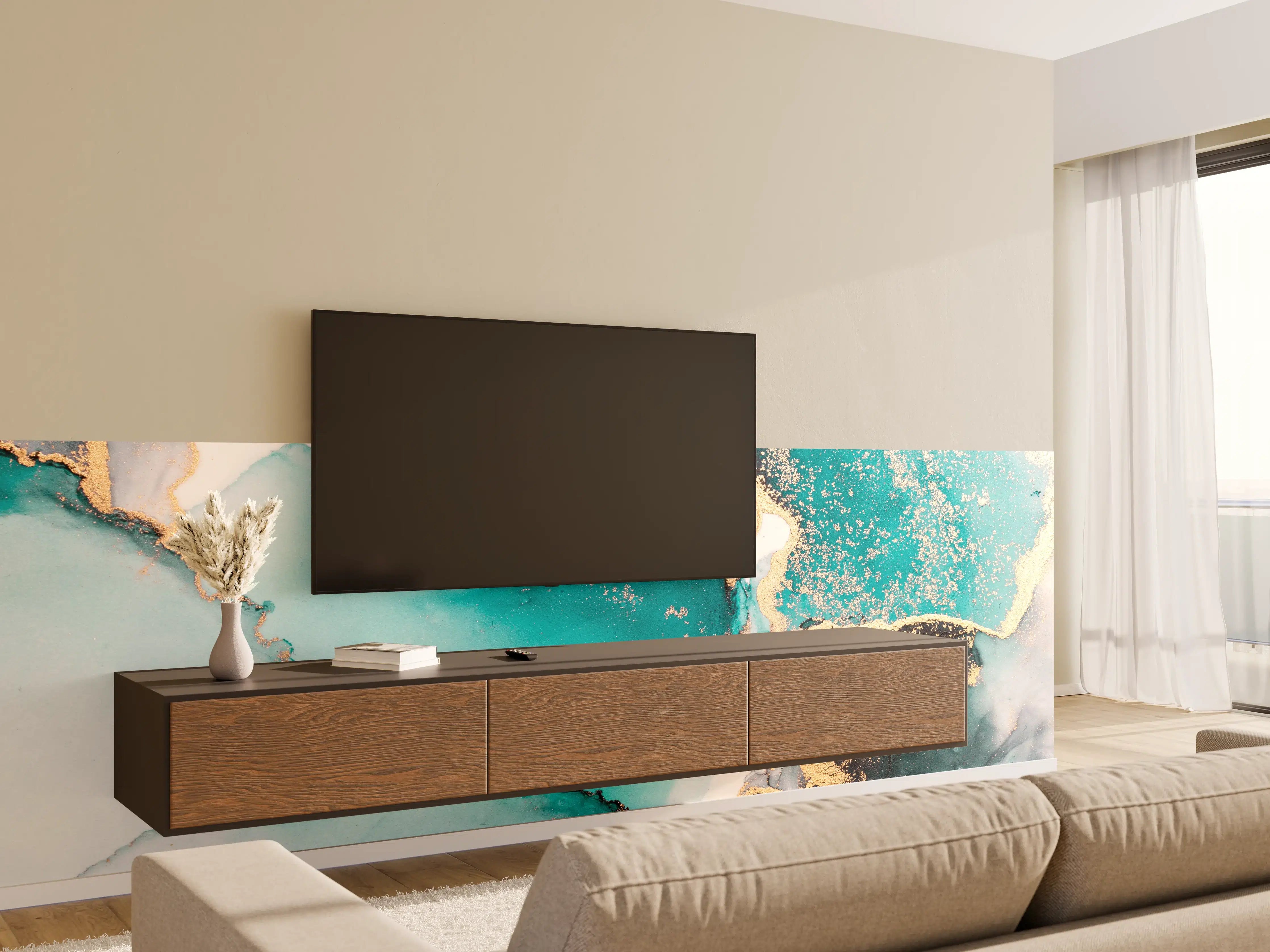 Wandverkleidung Wohnzimmer - Blau-Türkis Gold Akzent Wandkunst