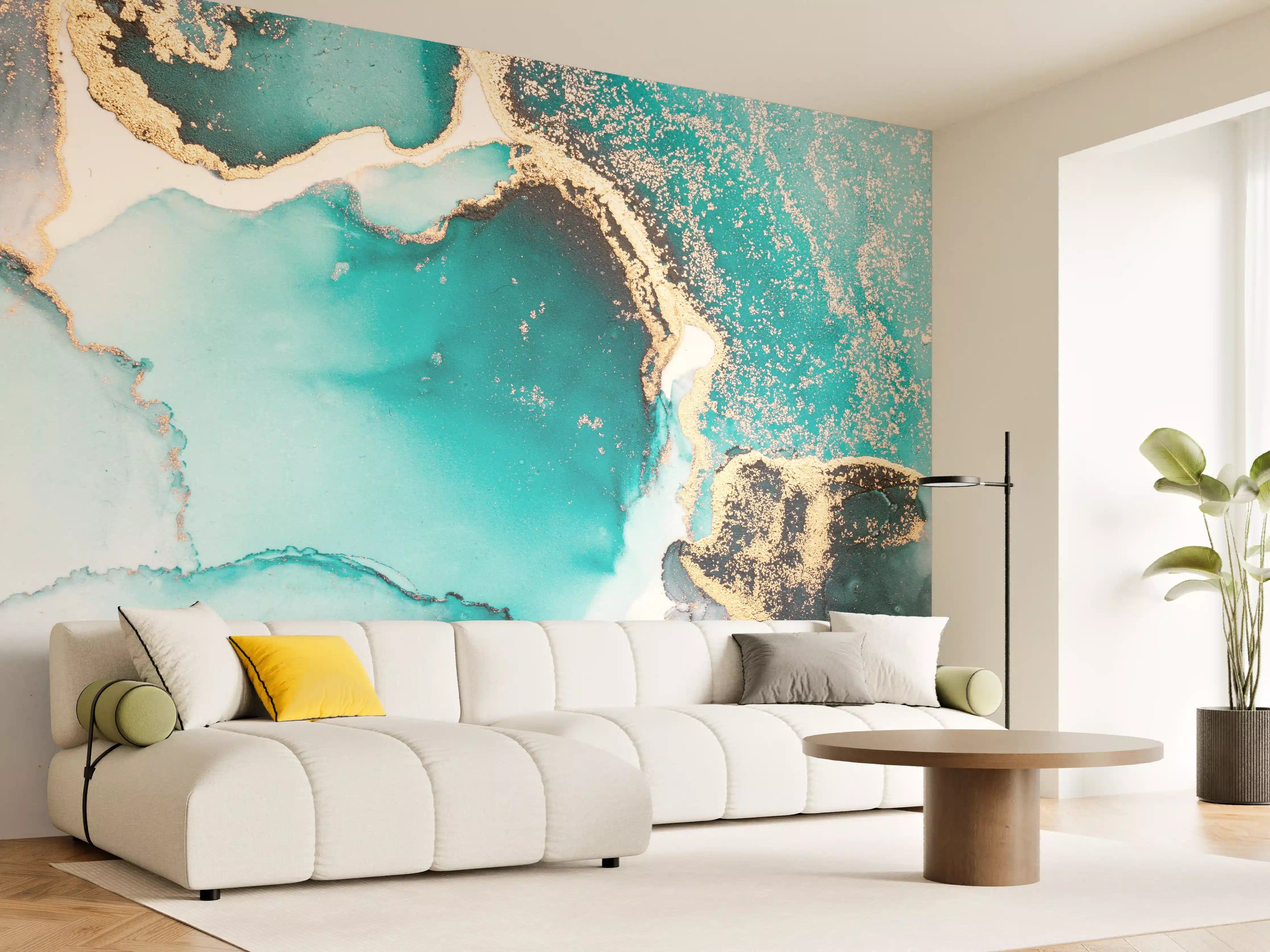Wandverkleidung Wohnzimmer - Blau-Türkis Gold Akzent Wandkunst