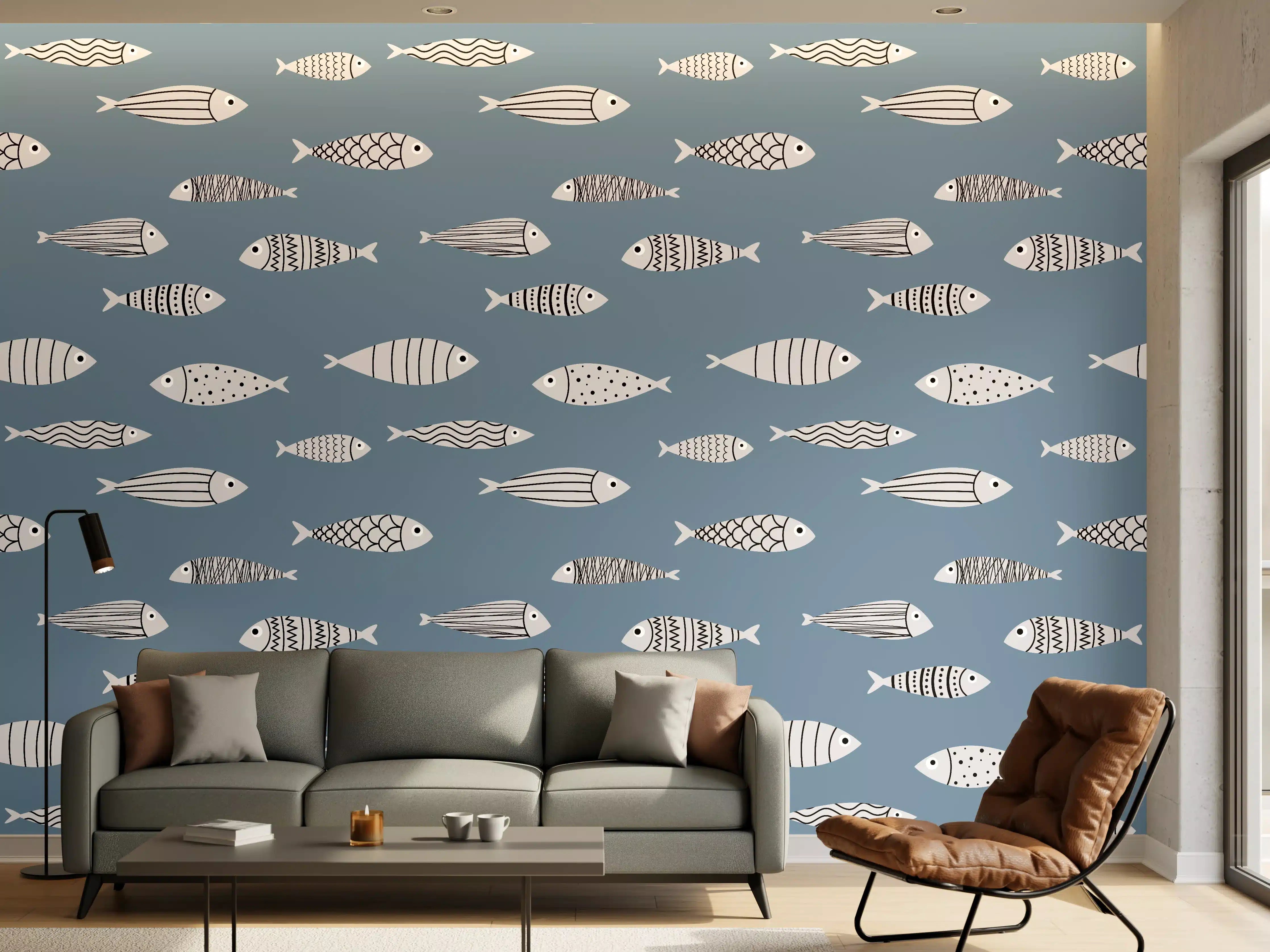 Wandverkleidung Wohnzimmer - Blau-Weiß Fischmuster