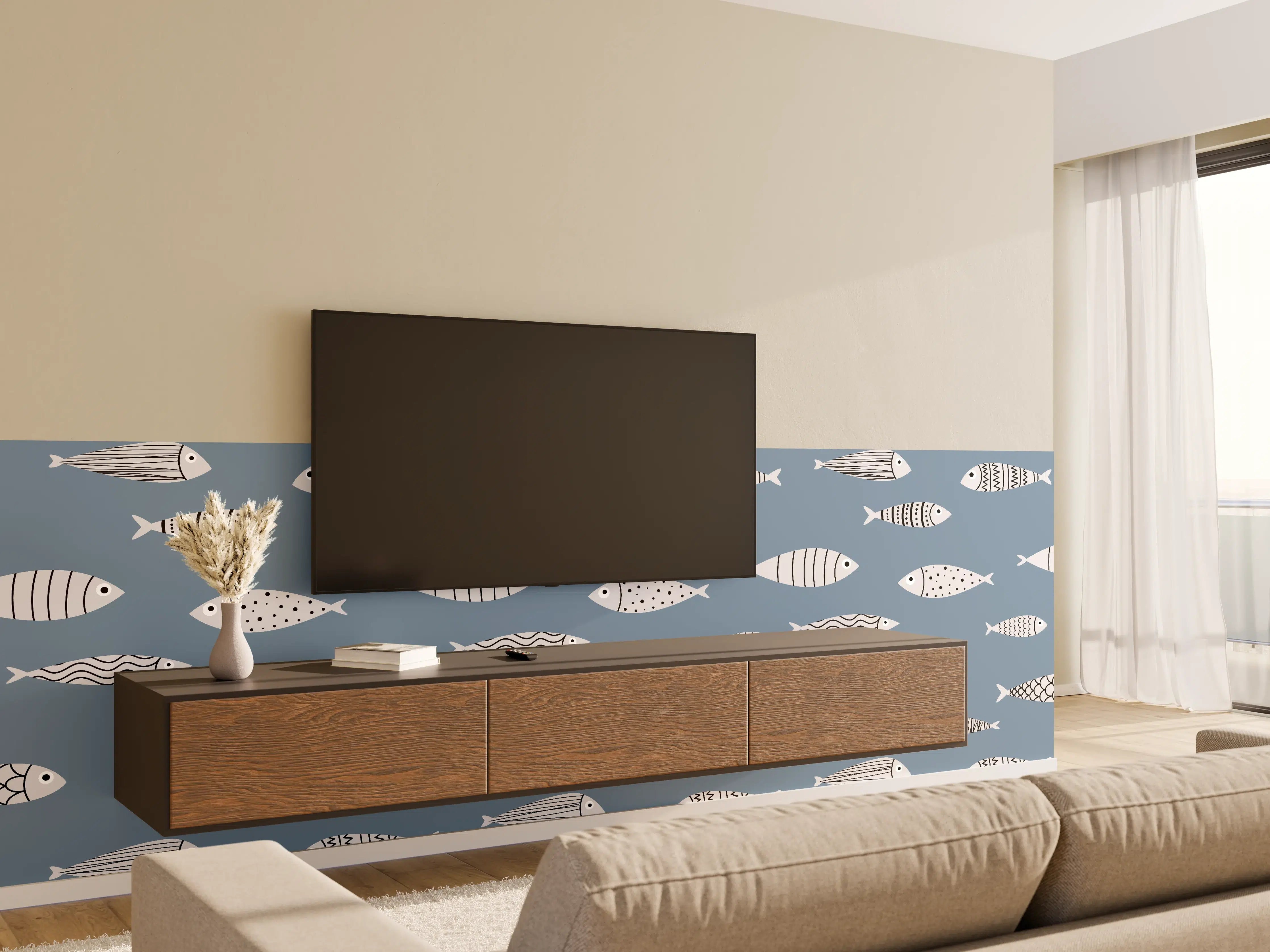 Wandverkleidung Wohnzimmer - Blau-Weiß Fischmuster
