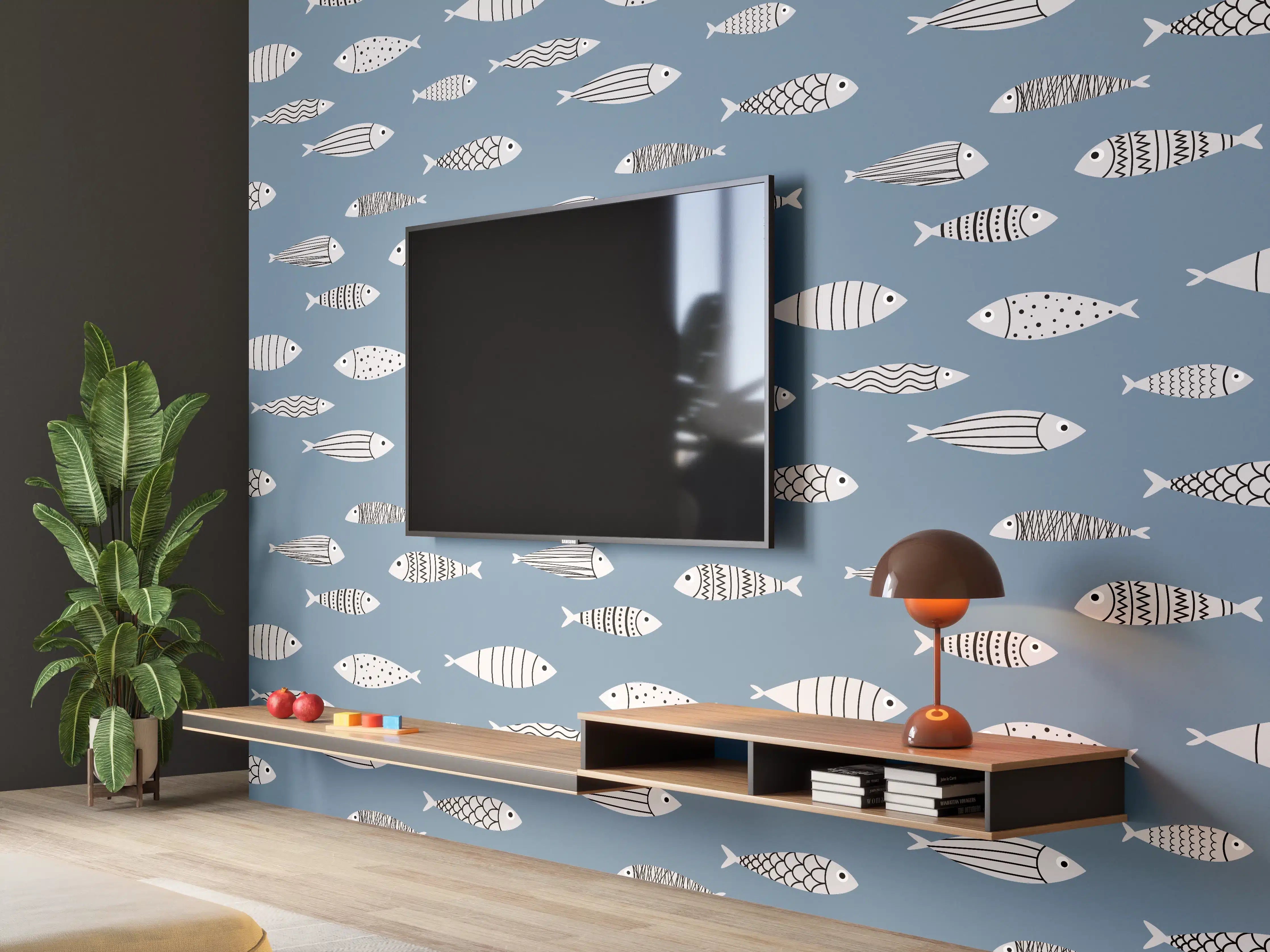 Wandverkleidung Wohnzimmer - Blau-Weiß Fischmuster