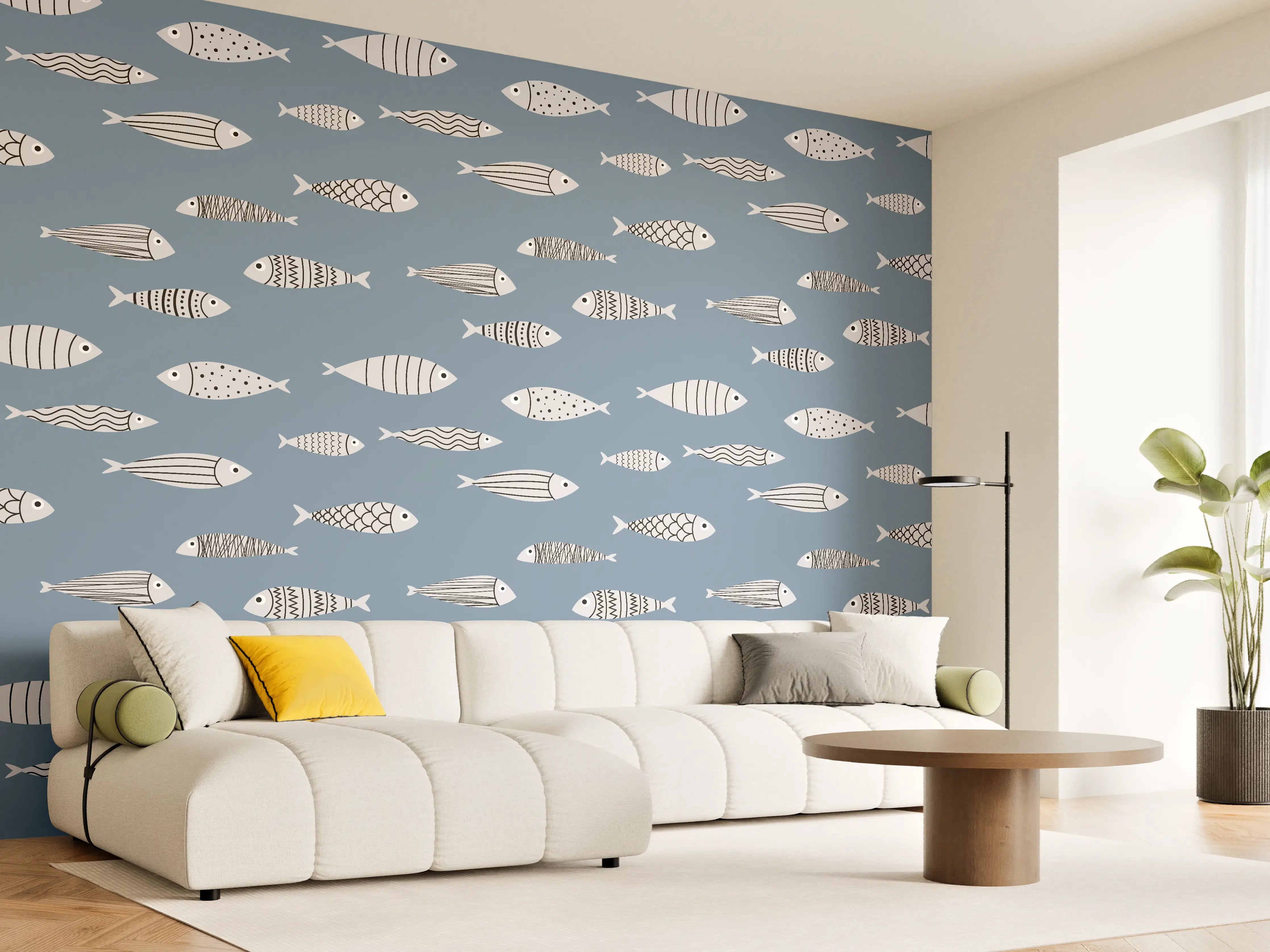 Wandverkleidung Wohnzimmer - Blau-Weiß Fischmuster