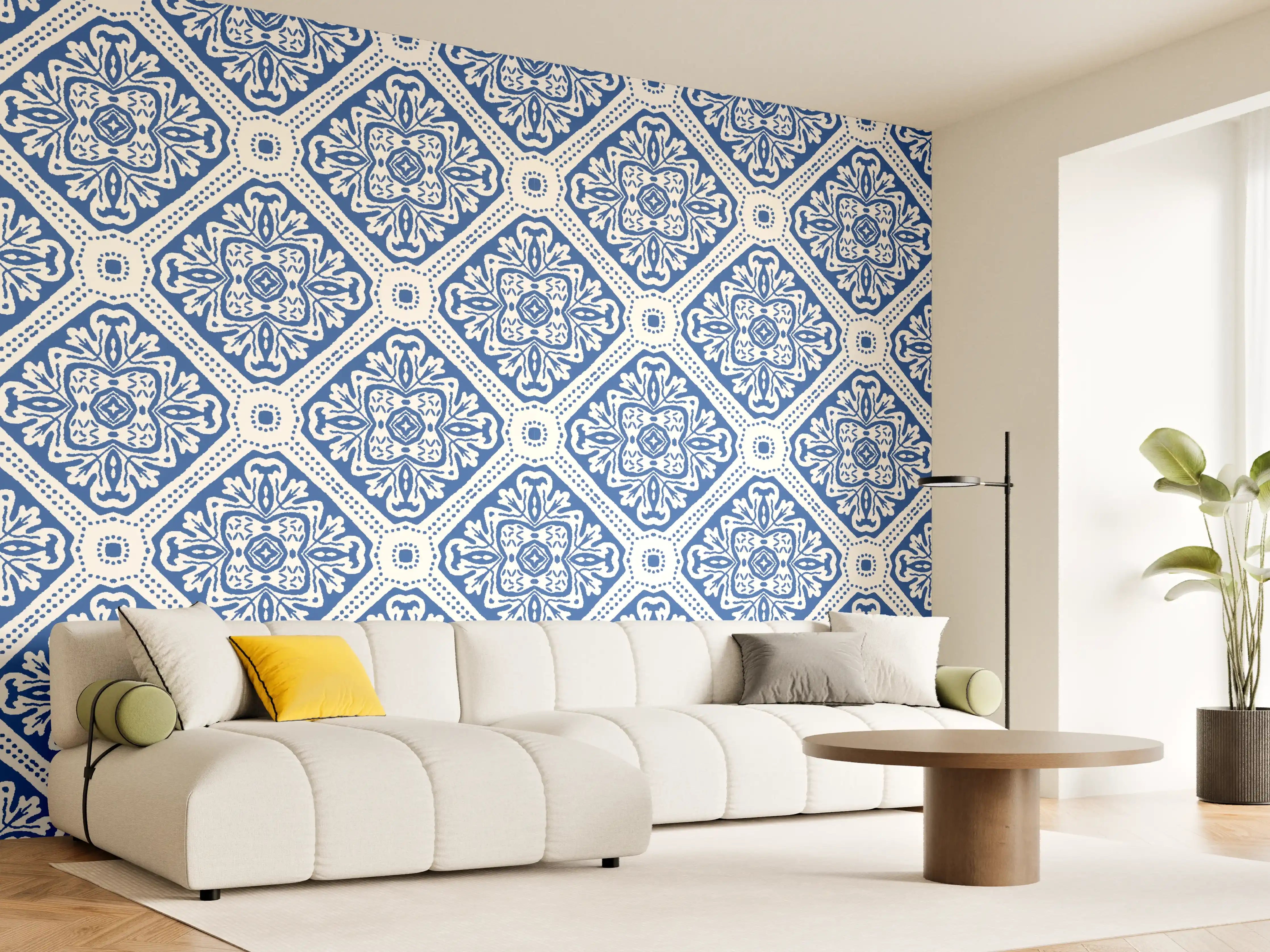 Wandverkleidung Wohnzimmer - Blau-Weißes Grafikmuster
