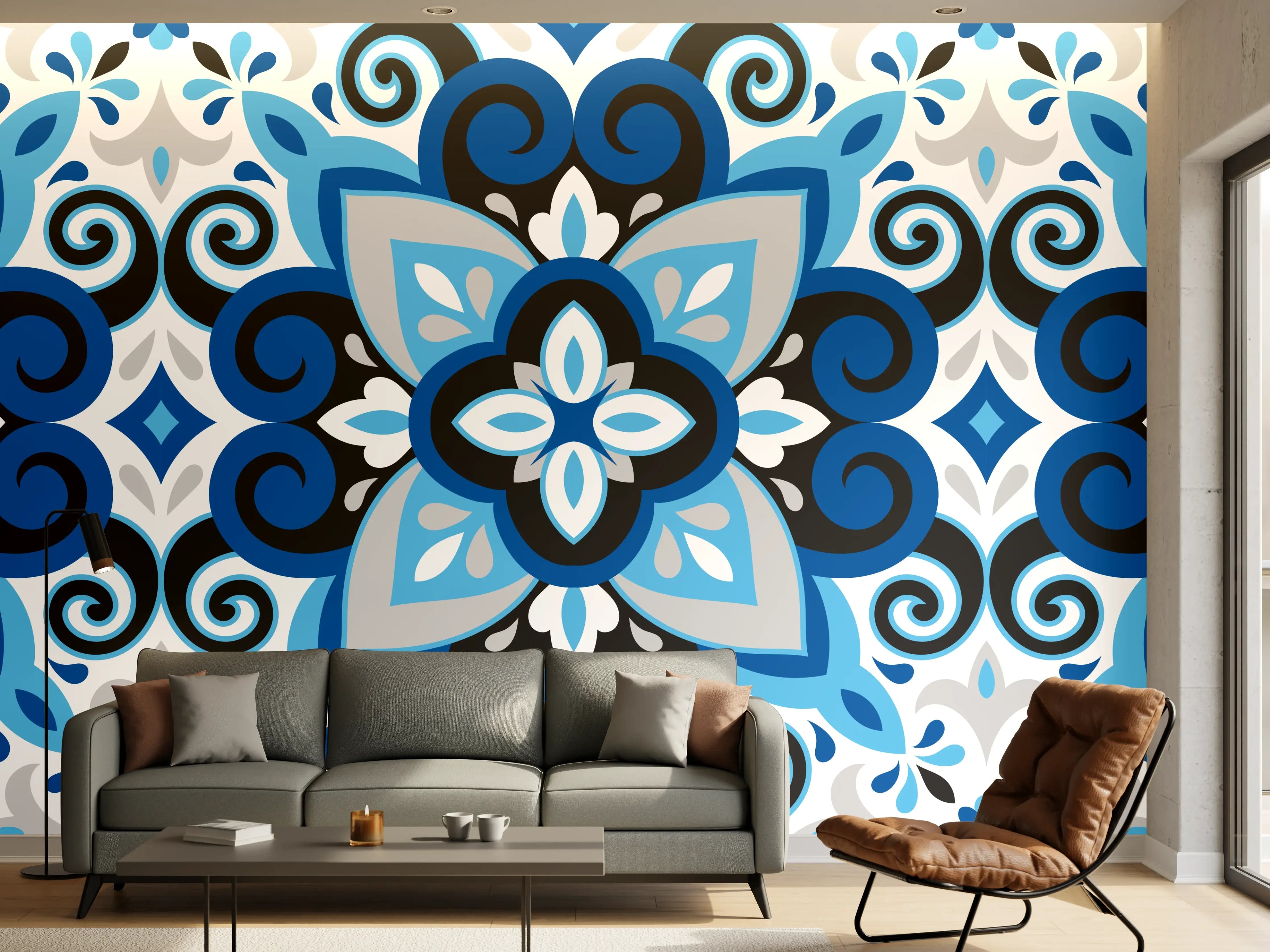 Wandverkleidung Wohnzimmer - Blau-Weißes Mandala Fliesenmuster