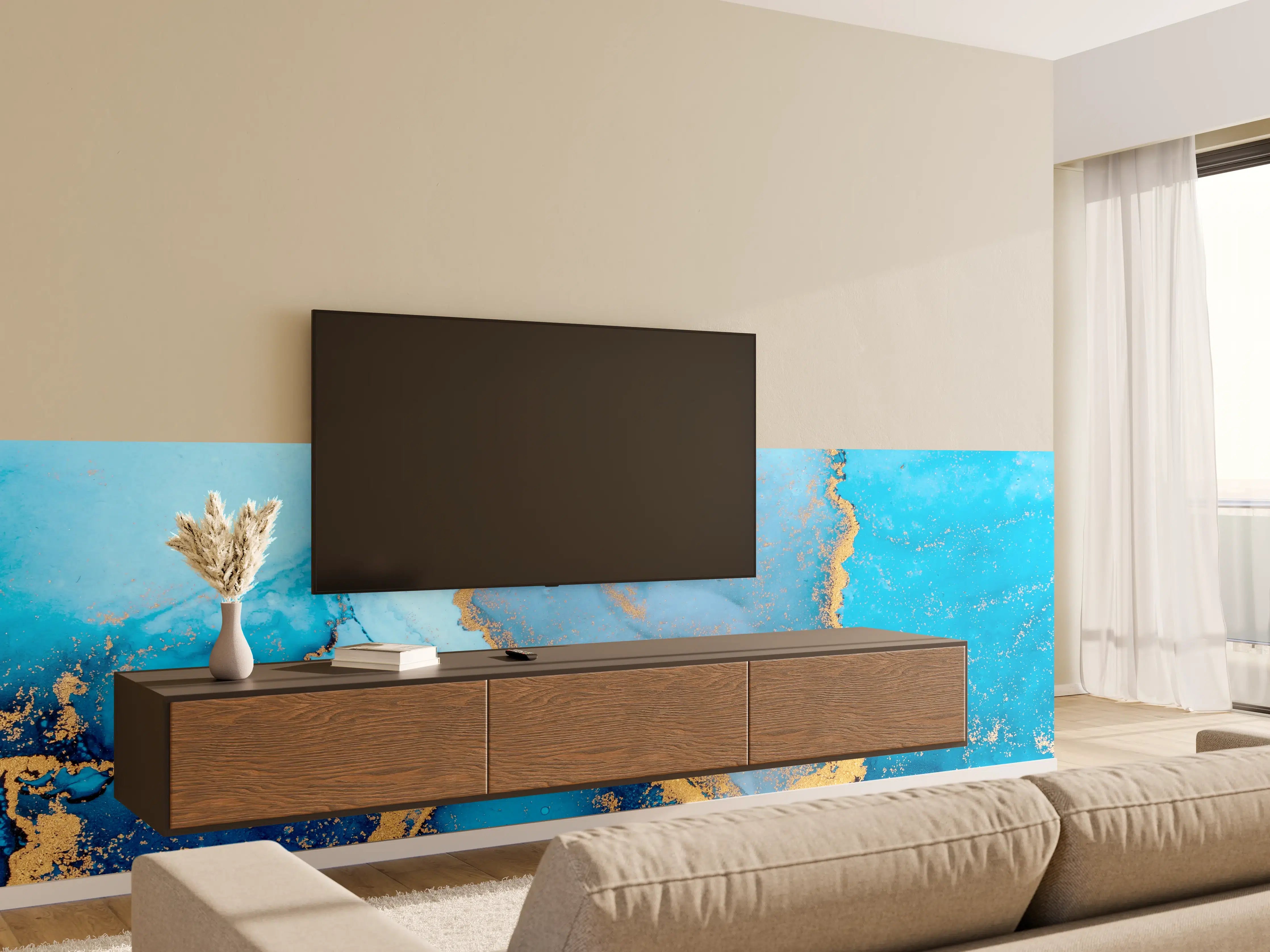 Wandverkleidung Wohnzimmer - Blau-goldenes Wasserfarbenkunstwerk
