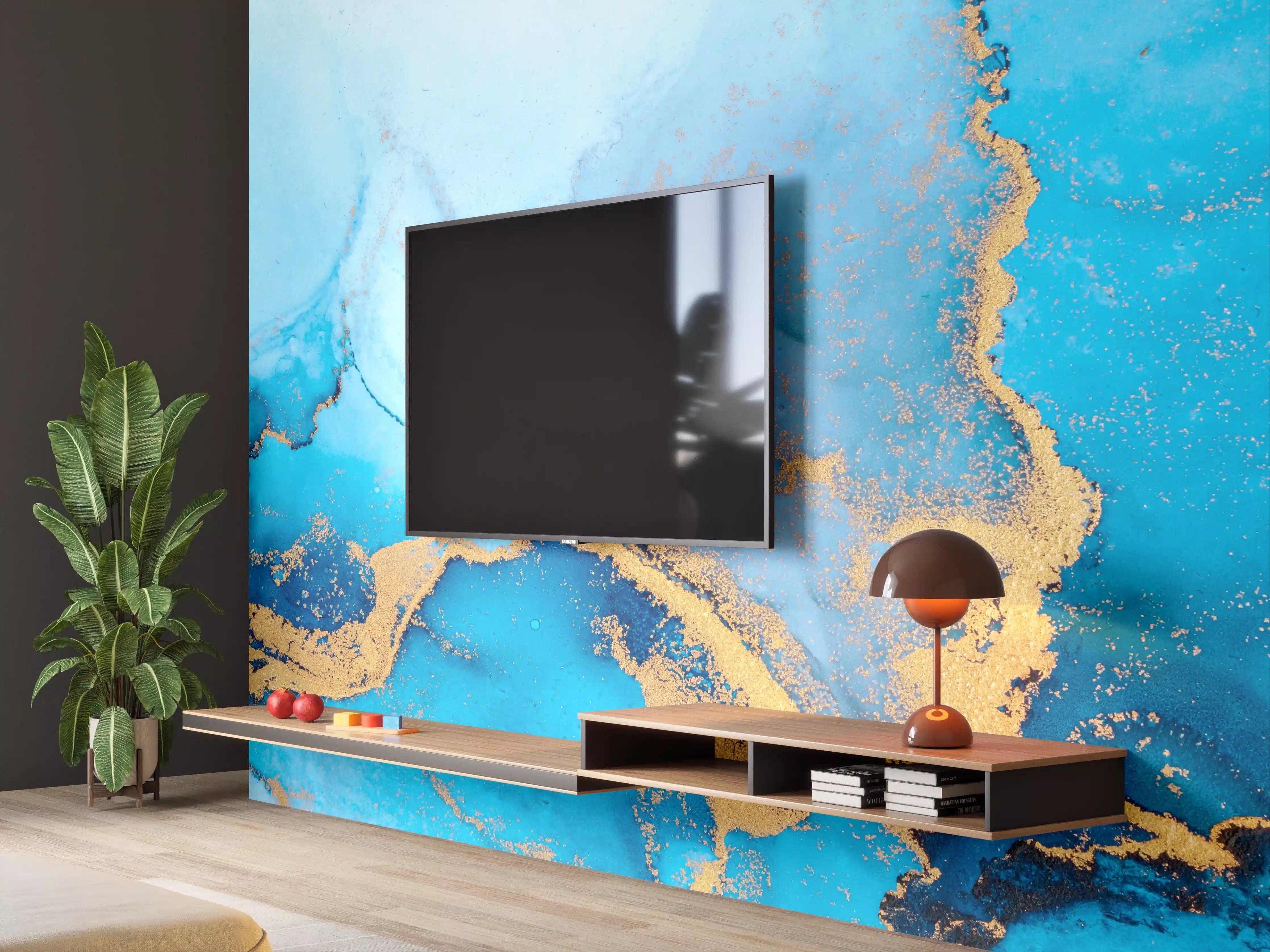 Wandverkleidung Wohnzimmer - Blau-goldenes Wasserfarbenkunstwerk