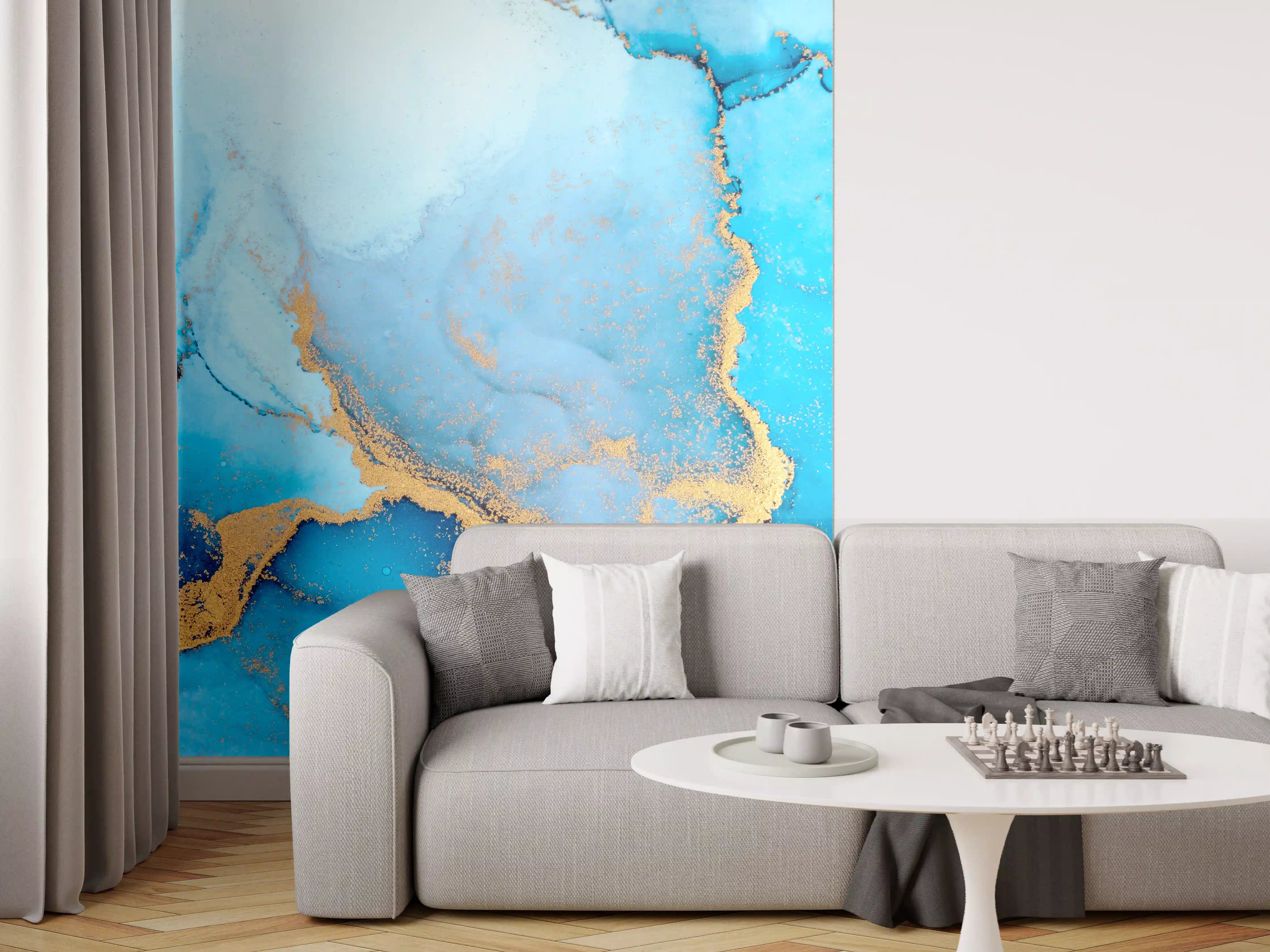 Wandverkleidung Wohnzimmer - Blau-goldenes Wasserfarbenkunstwerk