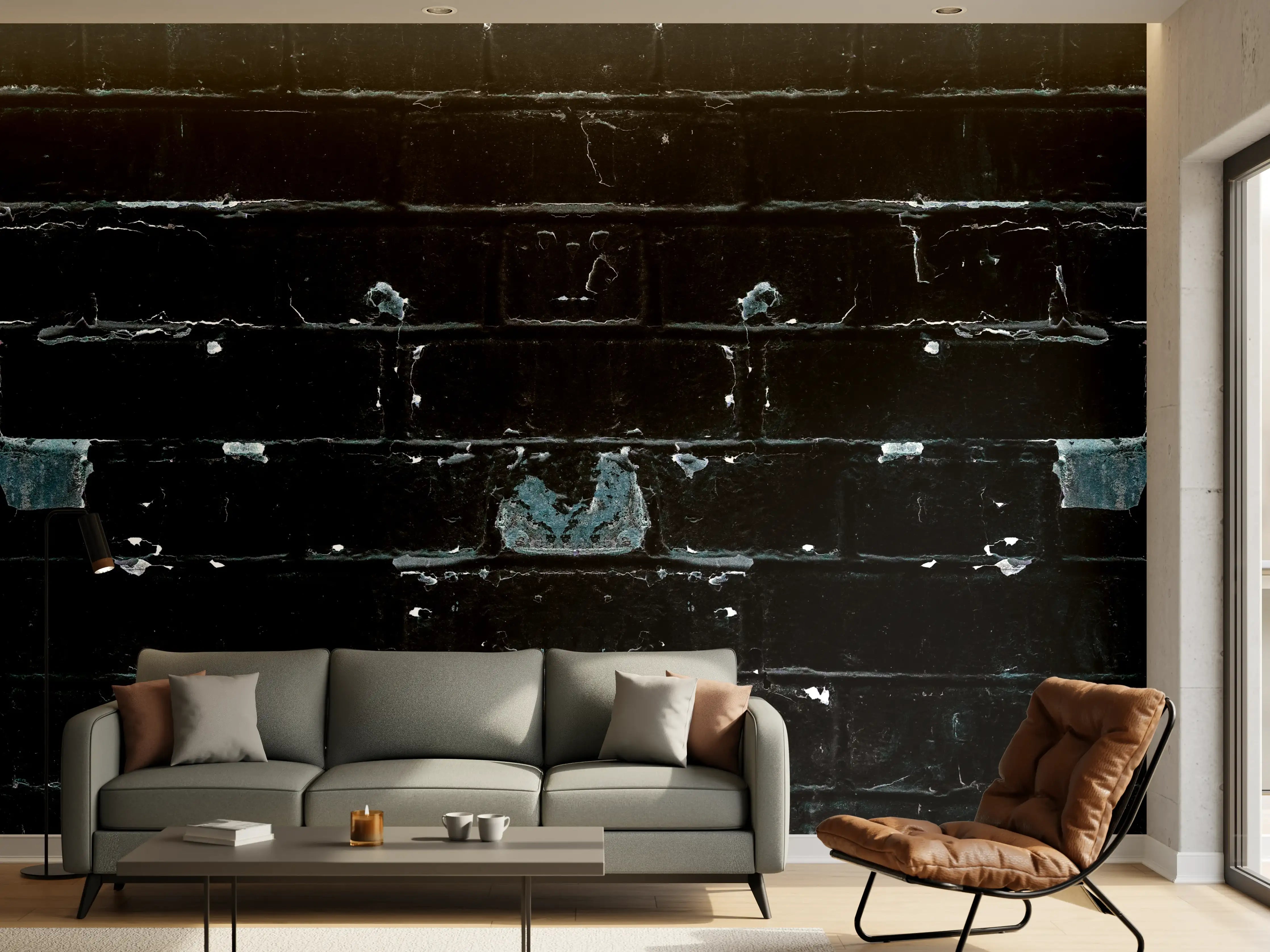 Wandverkleidung Wohnzimmer - Blau schwarz beschädigte Ziegelwand