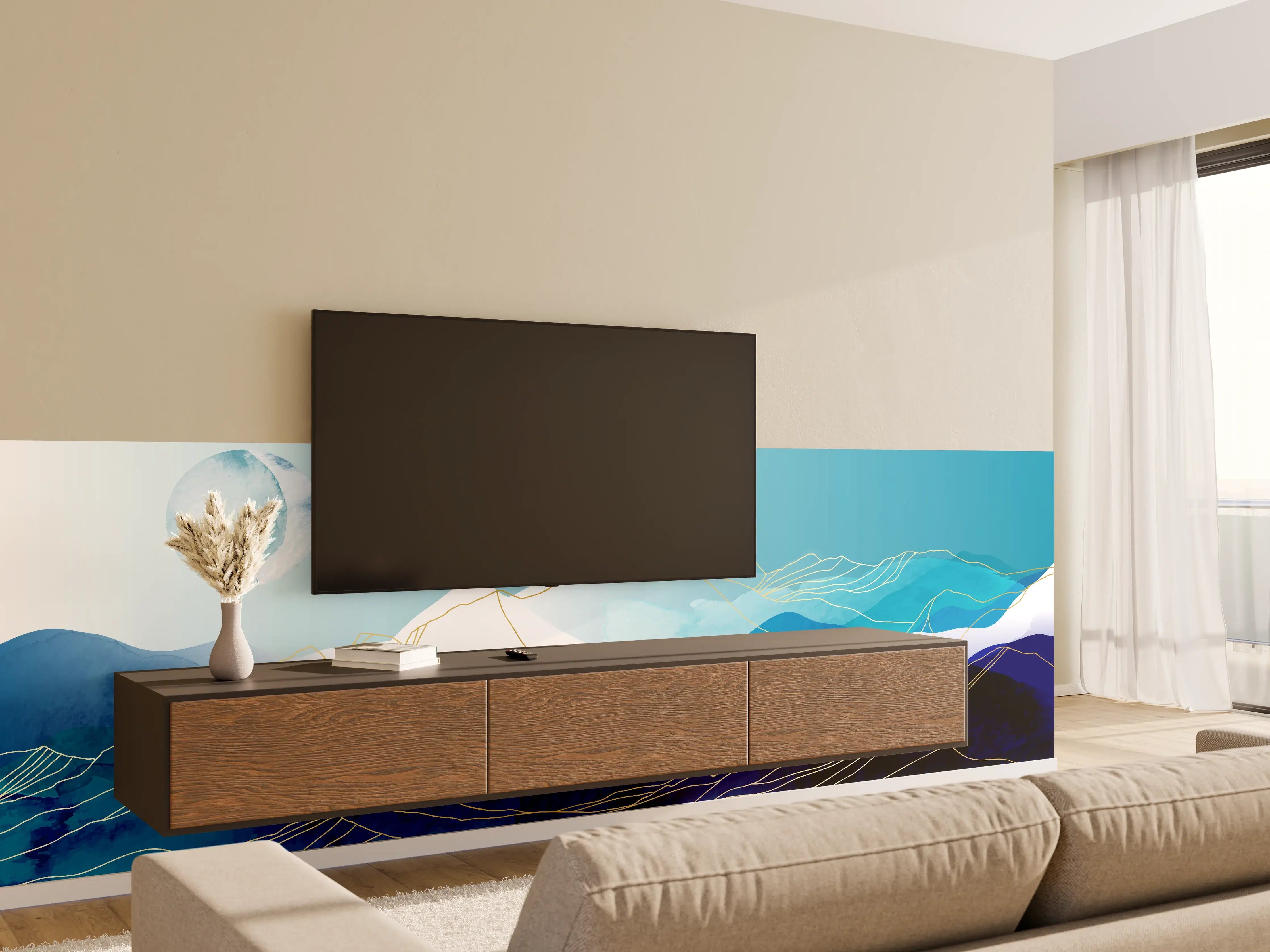 Wandverkleidung Wohnzimmer - Blaue Berge Aquarell Illustration