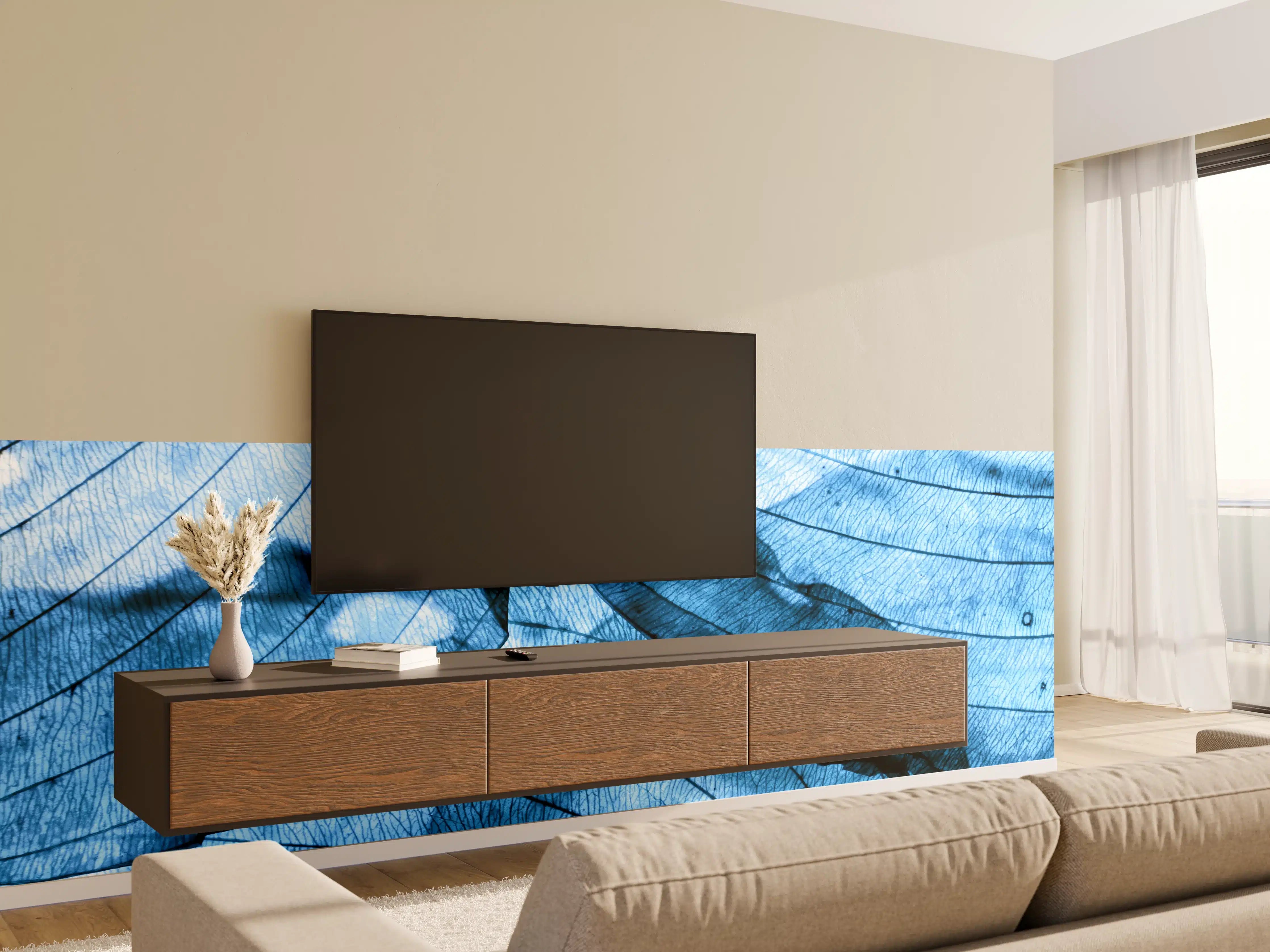 Wandverkleidung Wohnzimmer - Blaue Blätterstruktur im Detail