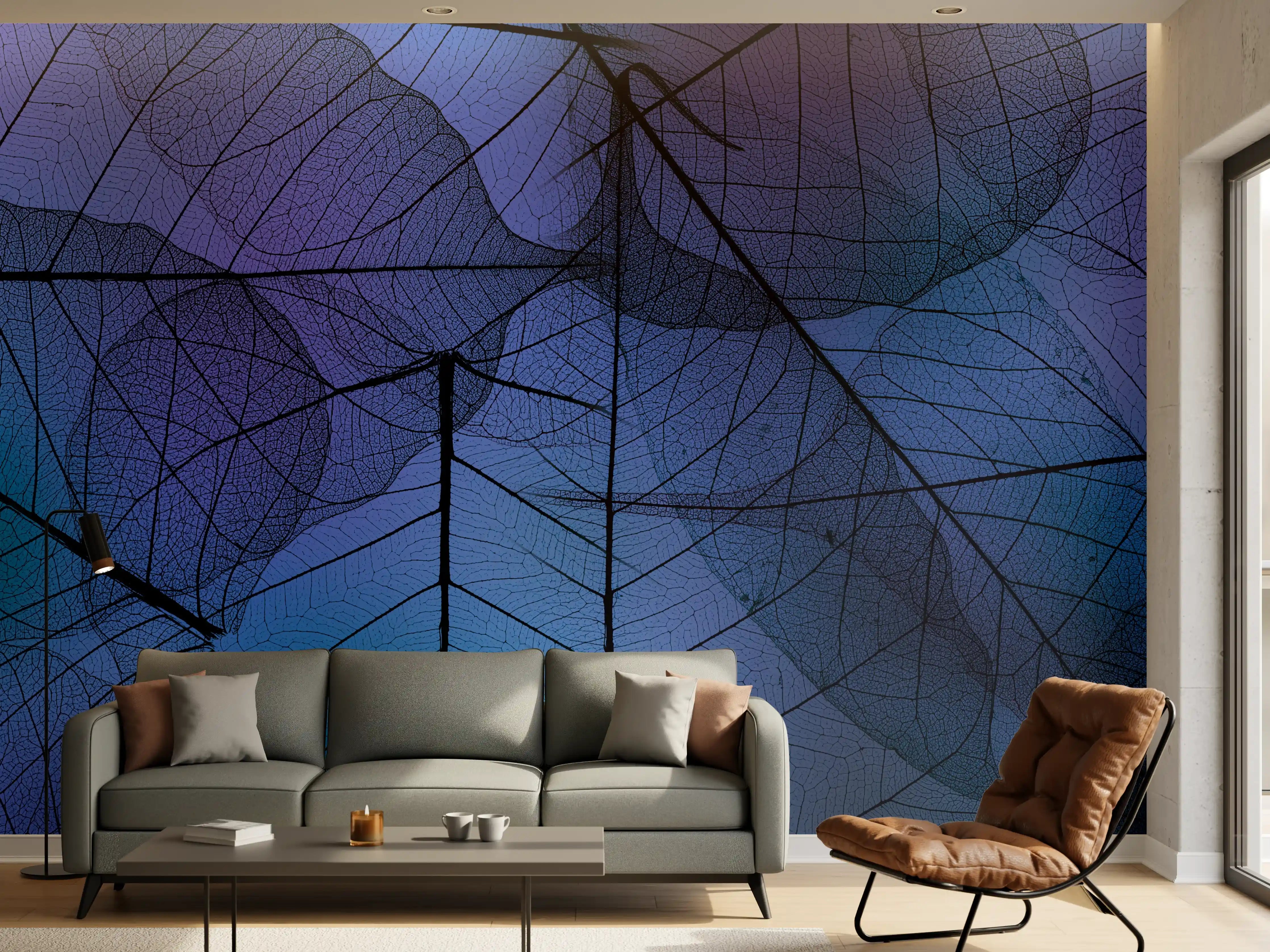 Wandverkleidung Wohnzimmer - Blaue Blattadern Textur Makro