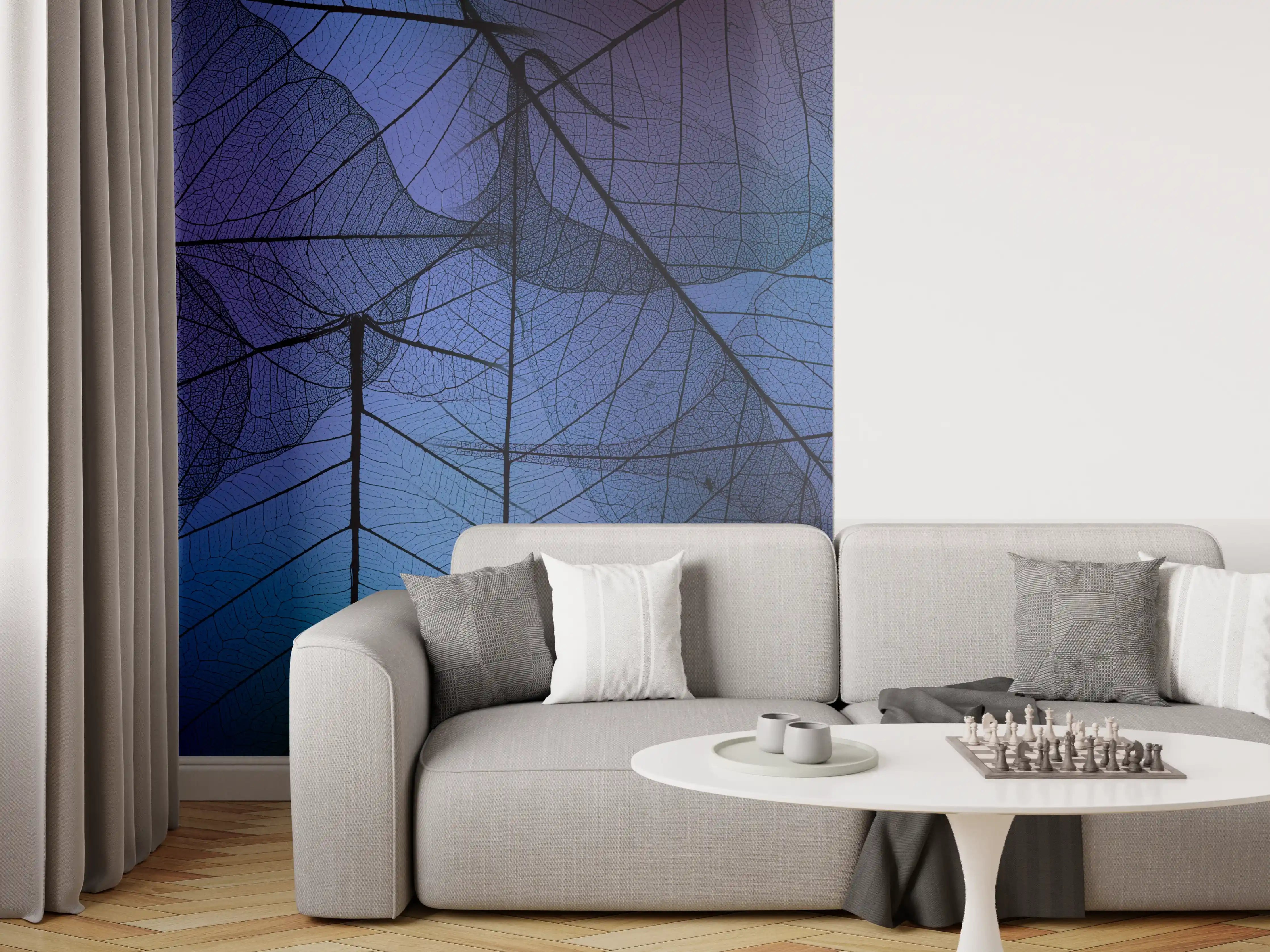 Wandverkleidung Wohnzimmer - Blaue Blattadern Textur Makro