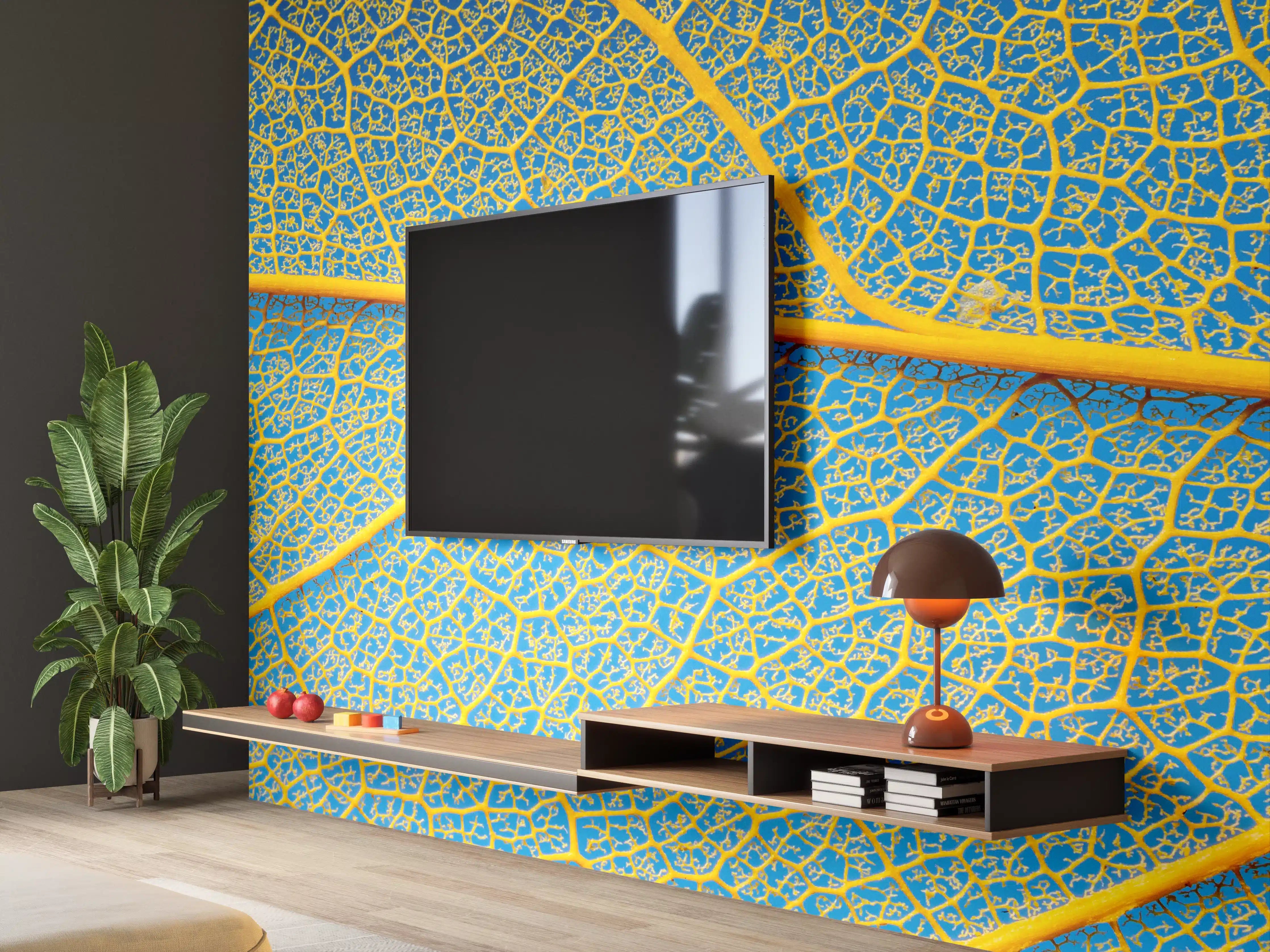 Wandverkleidung Wohnzimmer - Blaue Blattstruktur mit Goldakzenten