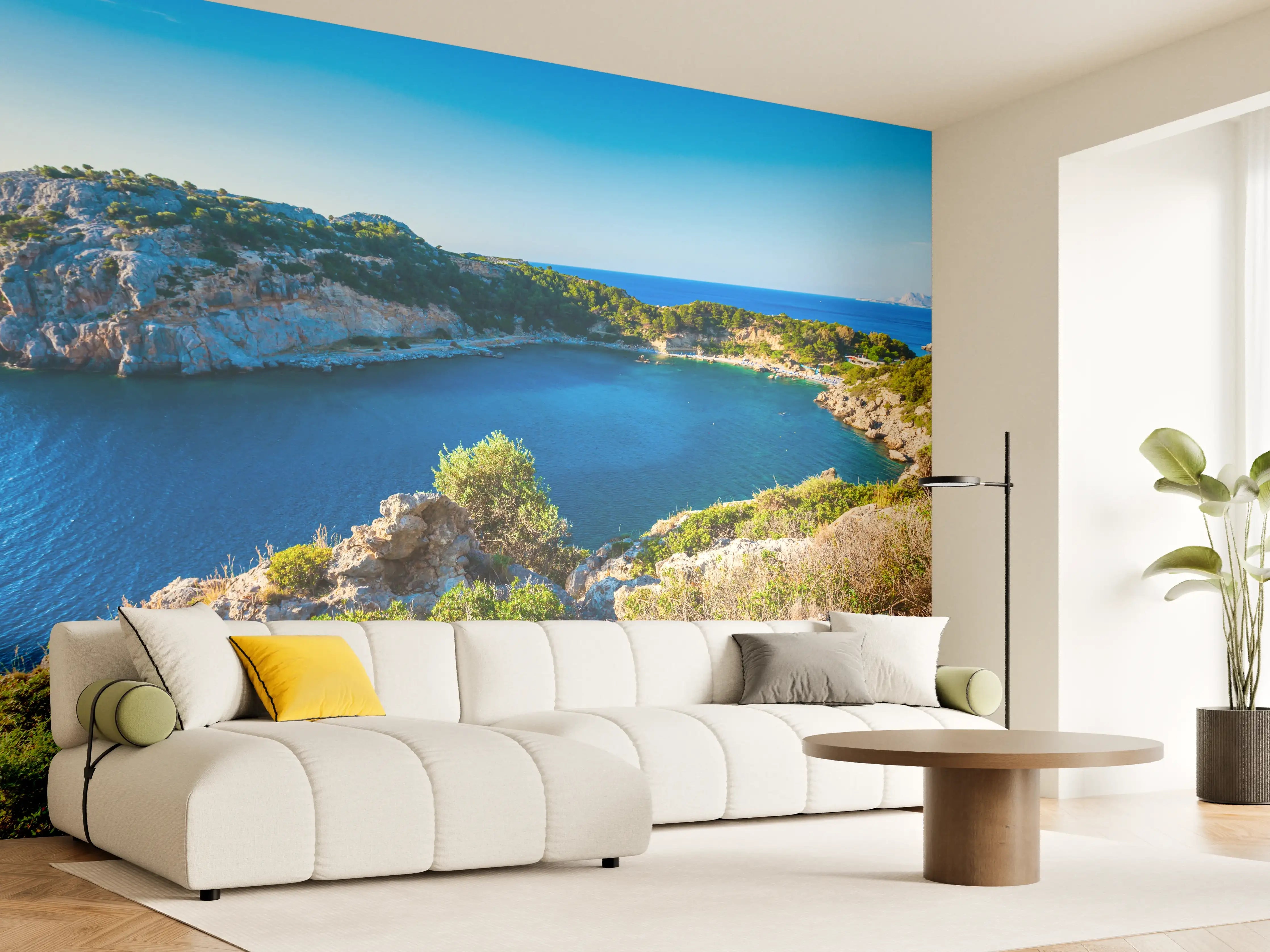 Wandverkleidung Wohnzimmer - Blaue Bucht mit Felsen und Vegetation