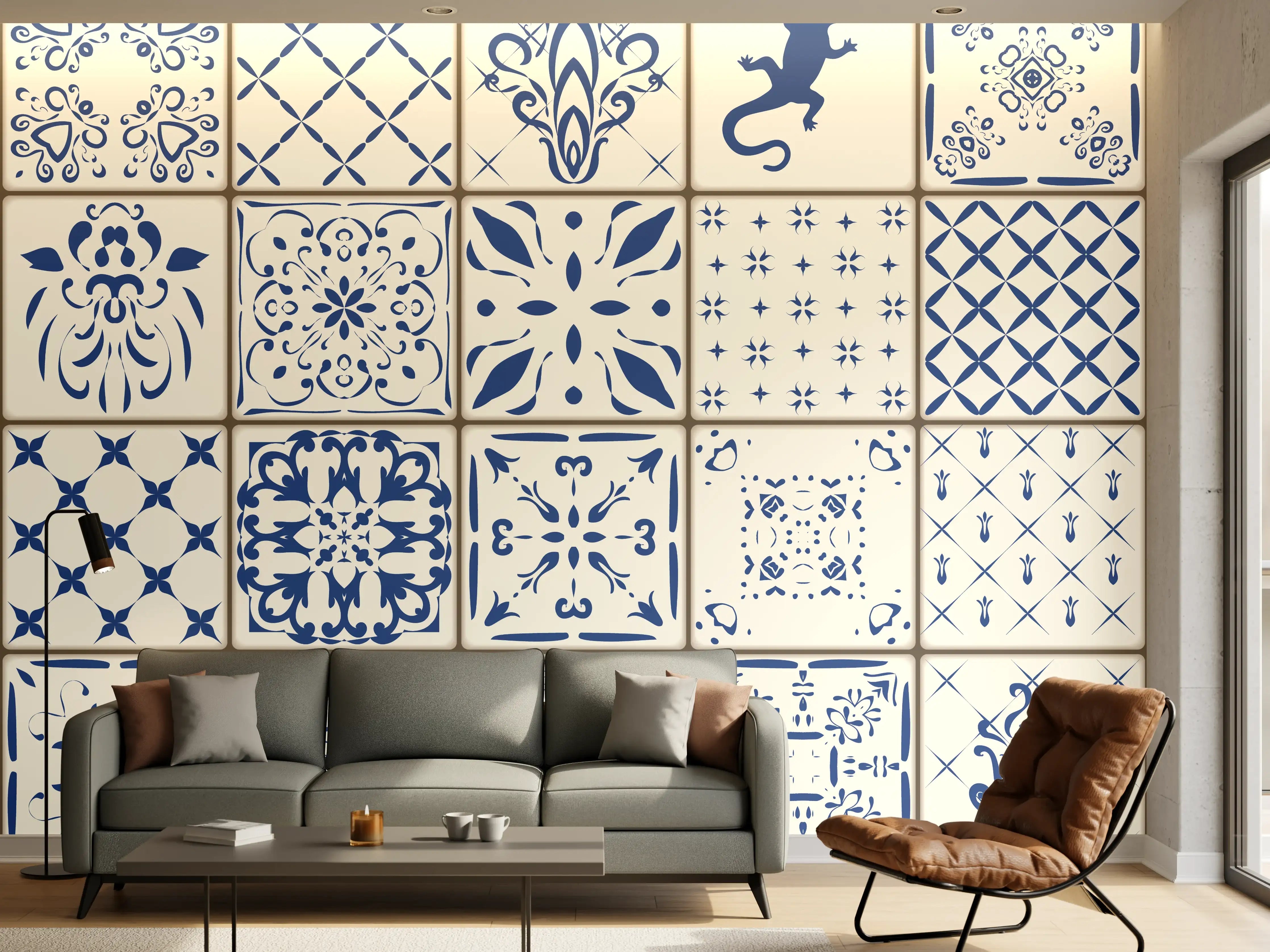 Wandverkleidung Wohnzimmer - Blaue Fliesenmuster mit Vintage-Charme