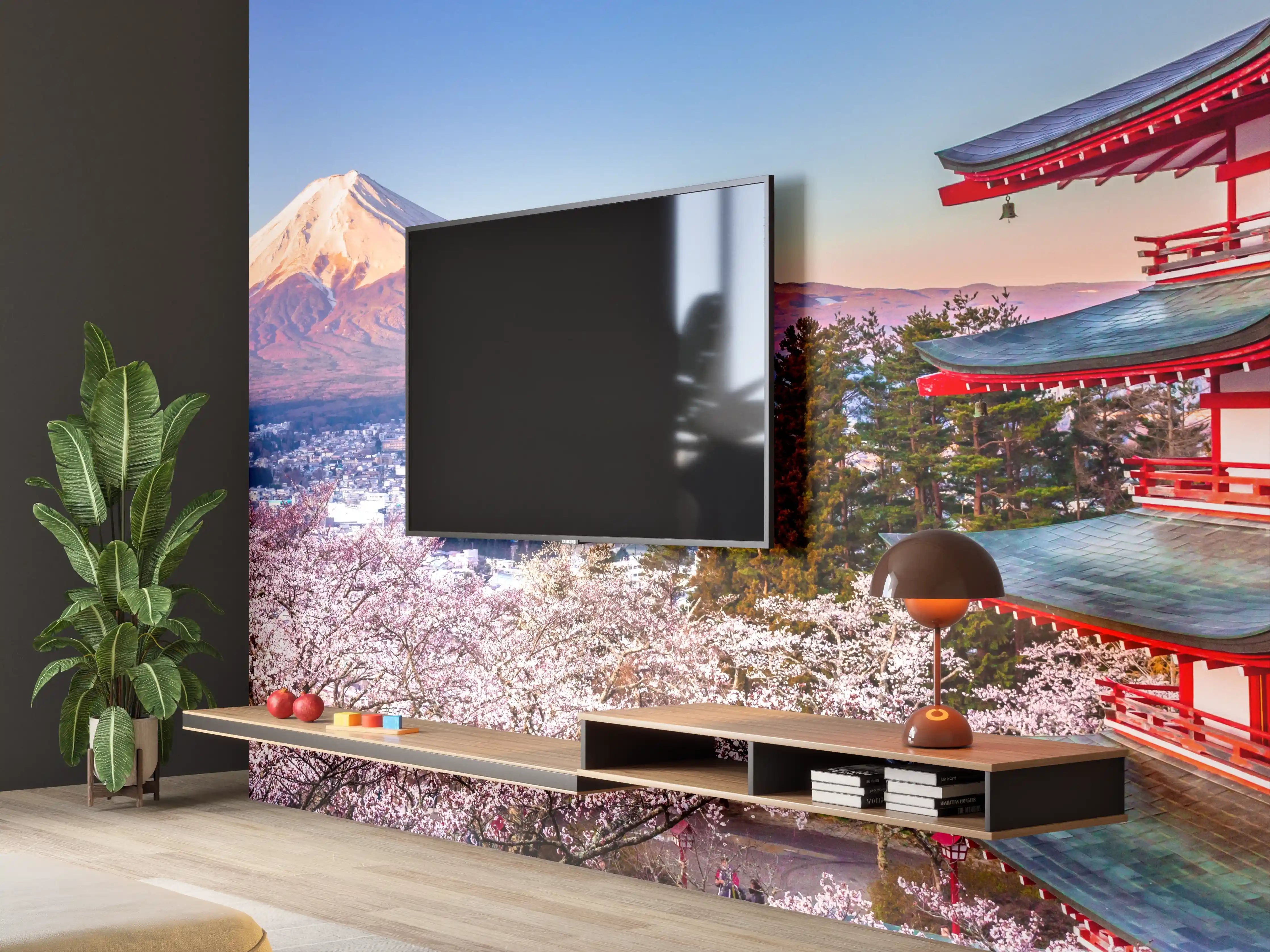 Wandverkleidung Wohnzimmer - Blaue Himmelskulisse mit Japanischer Pagode und Bergpanorama
