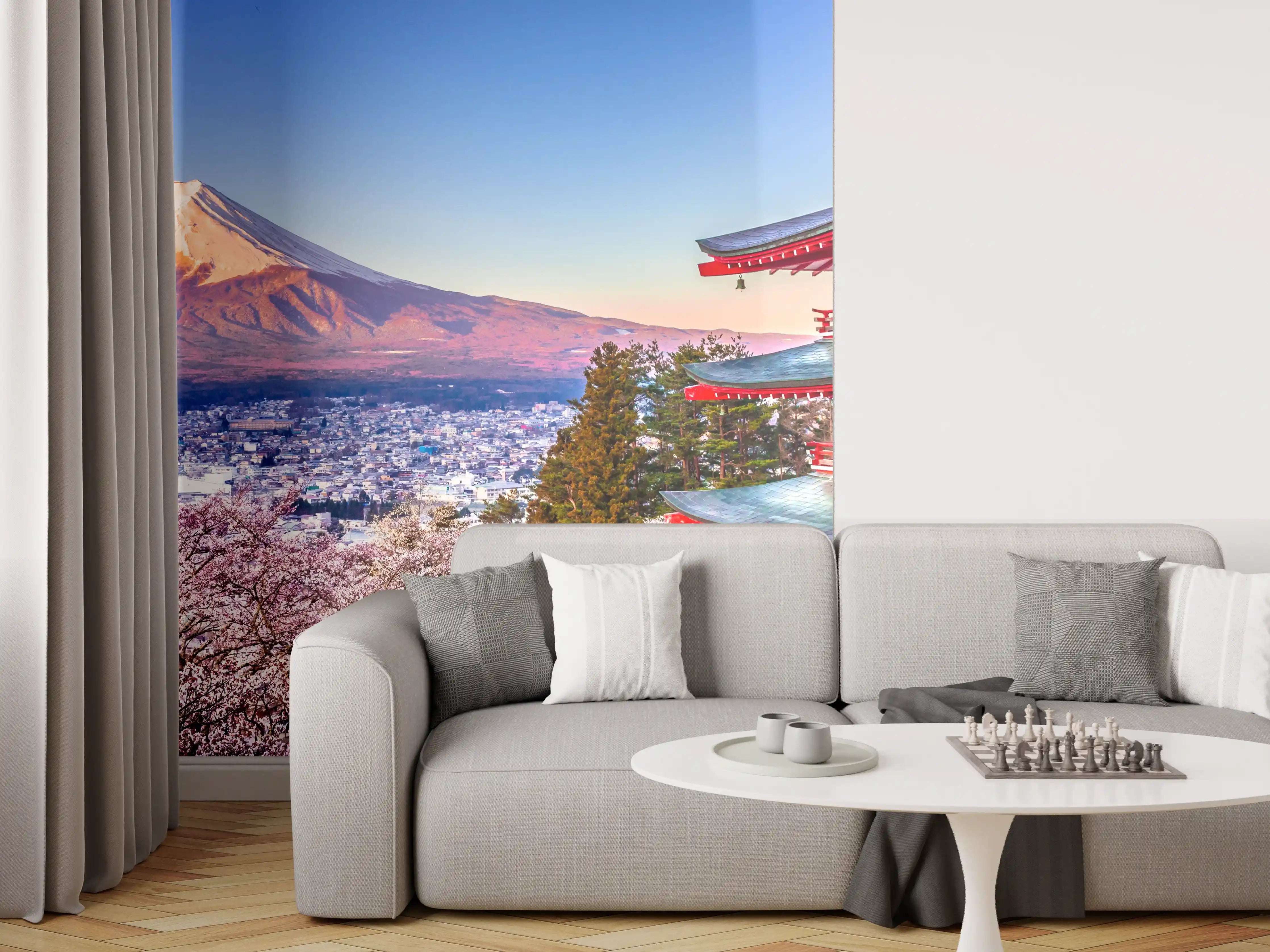 Wandverkleidung Wohnzimmer - Blaue Himmelskulisse mit Japanischer Pagode und Bergpanorama