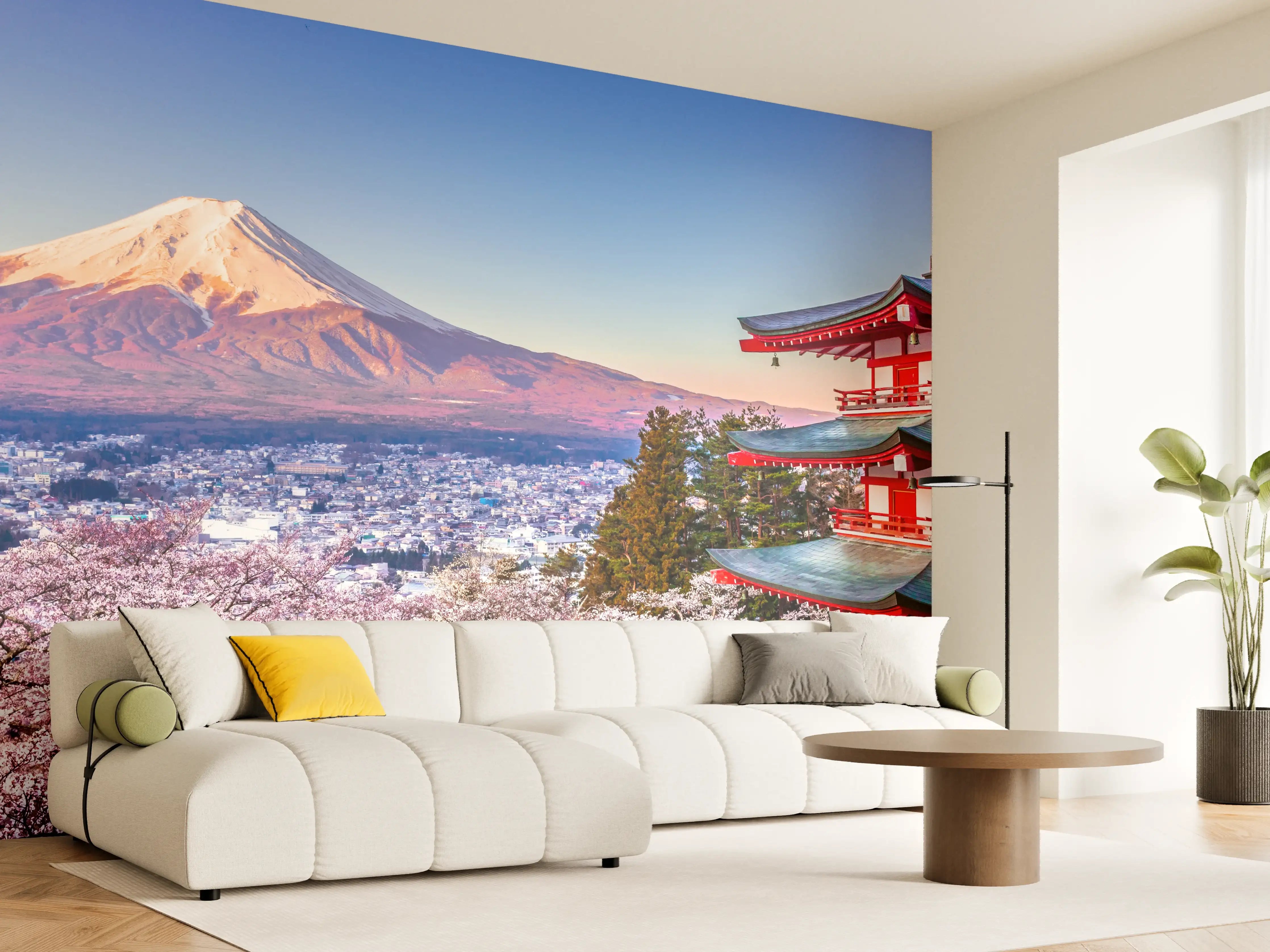 Wandverkleidung Wohnzimmer - Blaue Himmelskulisse mit Japanischer Pagode und Bergpanorama