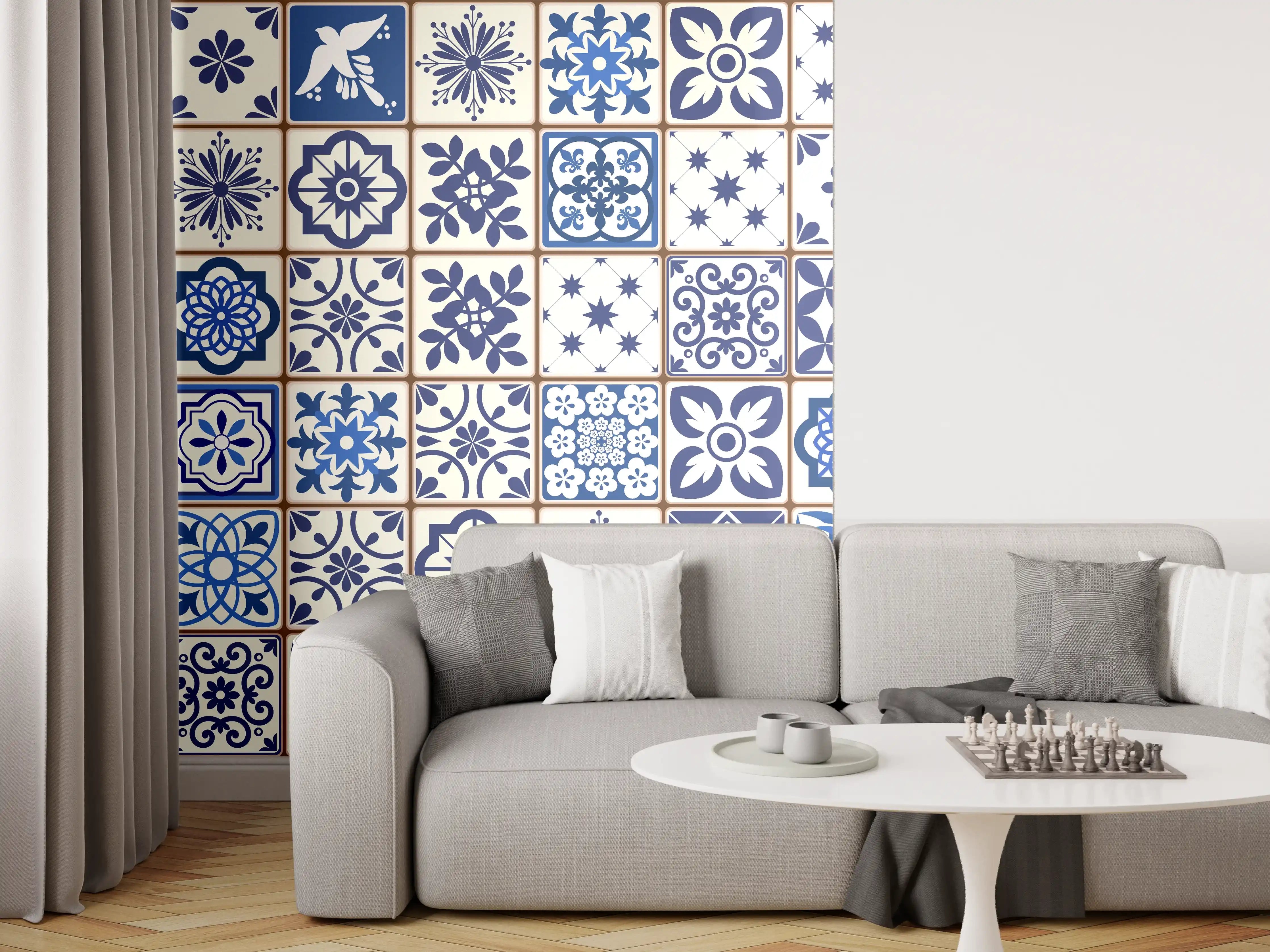 Wandverkleidung Wohnzimmer - Blaue Keramik-Fliesen Muster