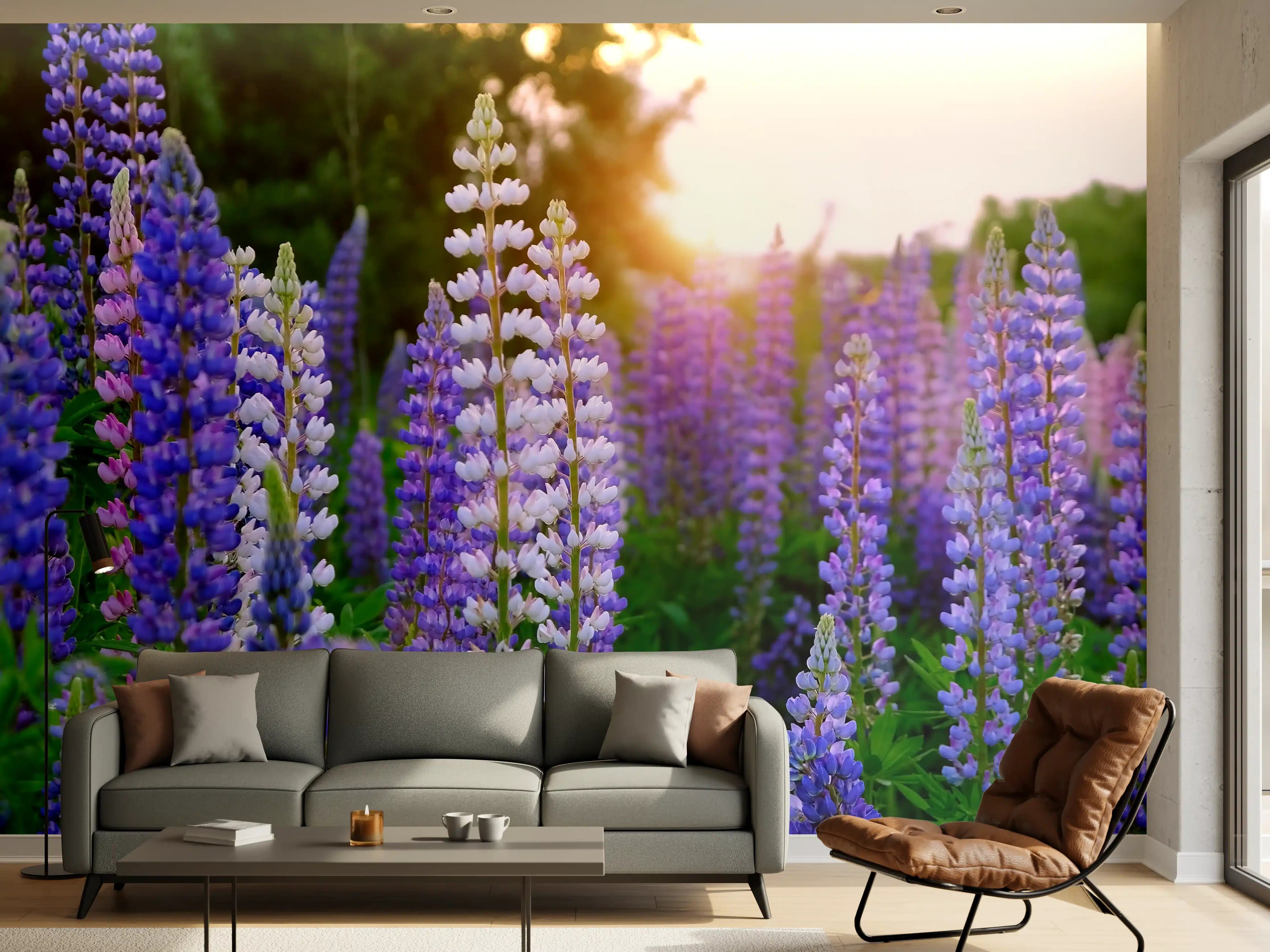 Wandverkleidung Wohnzimmer - Blaue Lupinen im Sonnenuntergang